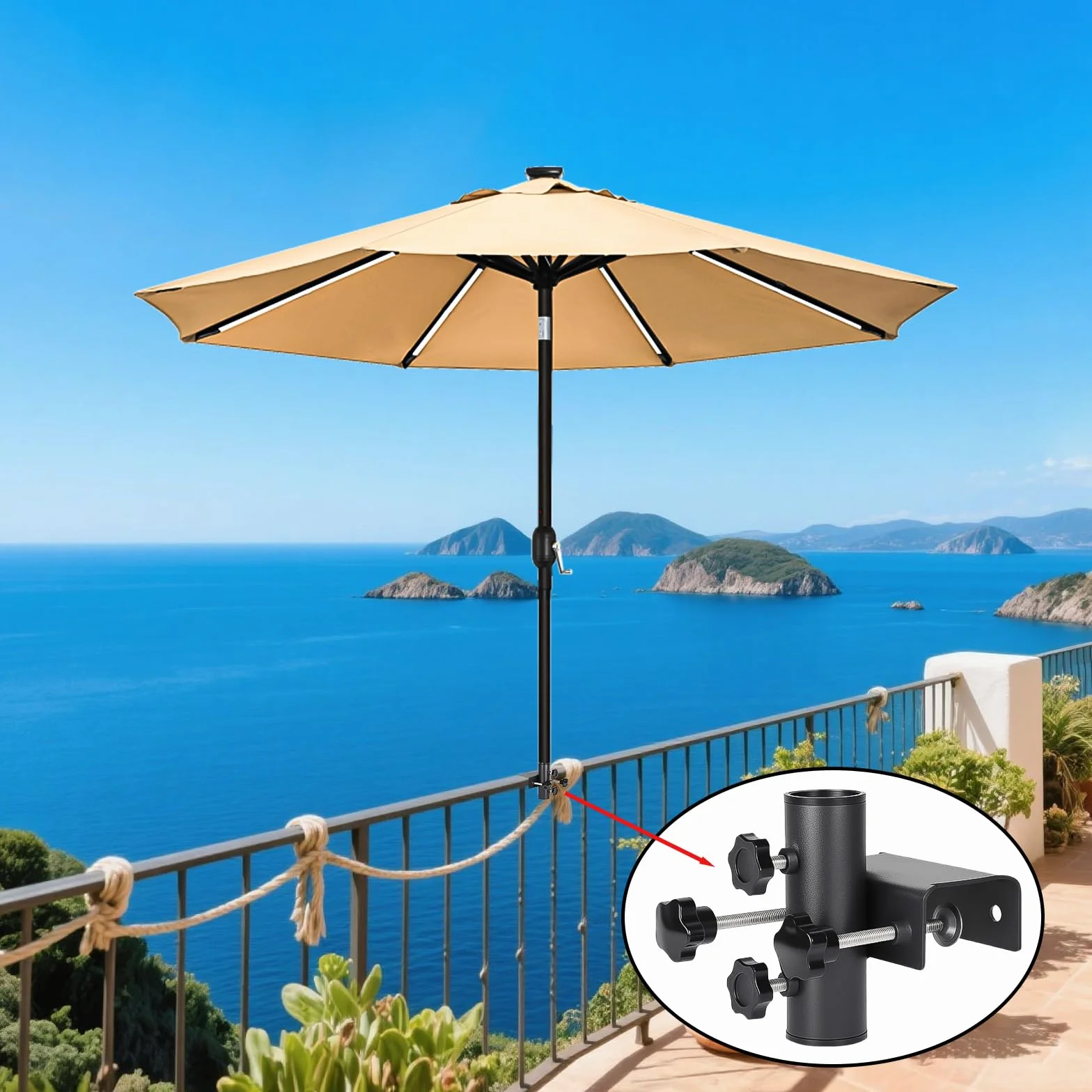 Uchwyt na parasol przeciwsłoneczny, na balkon, prostokątny, zaciskowy, regulowany uchwyt balkonowy do zaciskania 63-20 mm, średnica parasola 23-38 mm