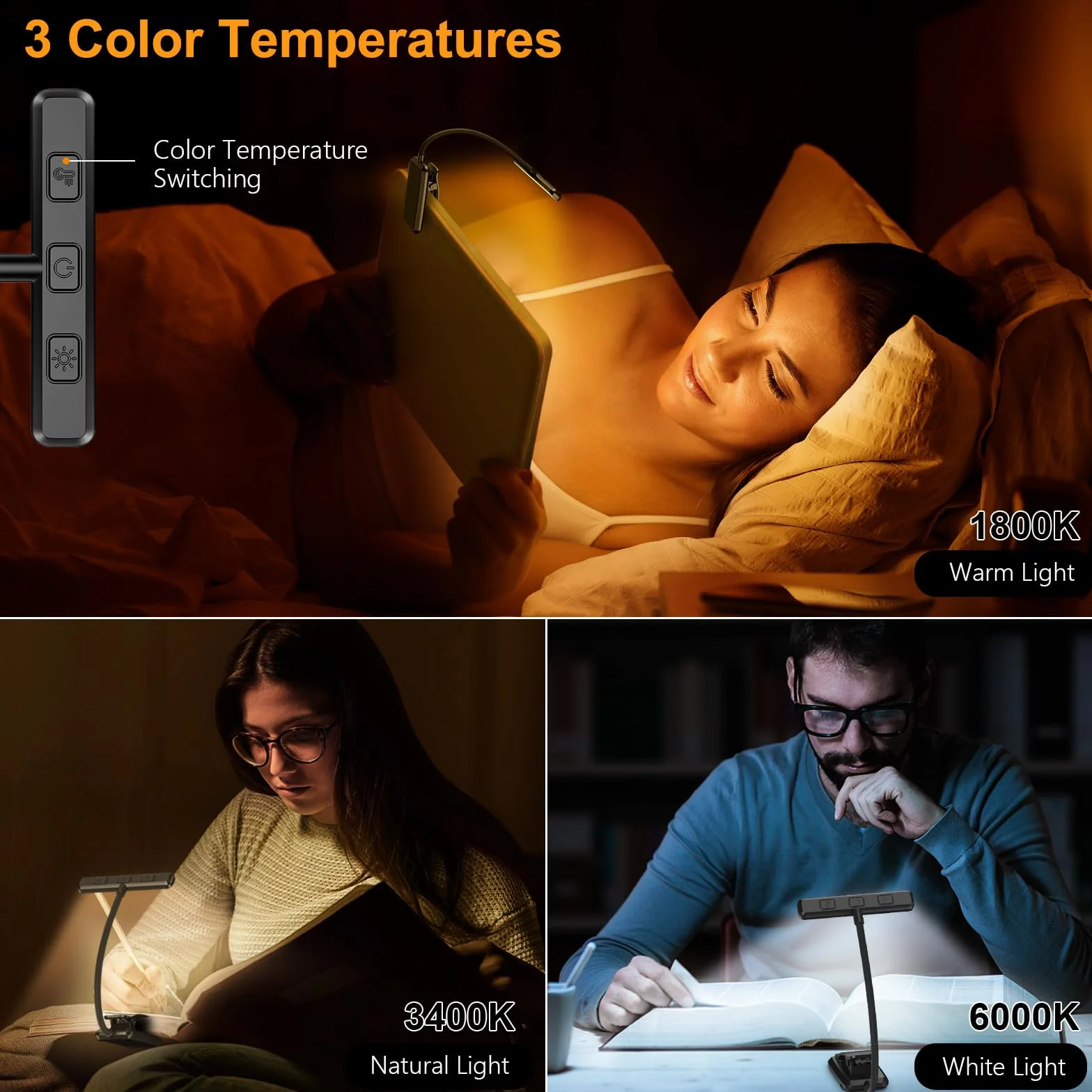 Gritin Lampka do Czytania 19 LED, Ładowana Przez USB, 3 Tryby Temperatury Barwowej, Długa żywotność baterii, Płynna Regulacja Jasności, Elastyczna Lampka Zaciskowa 360° do Czytania w Łóżku