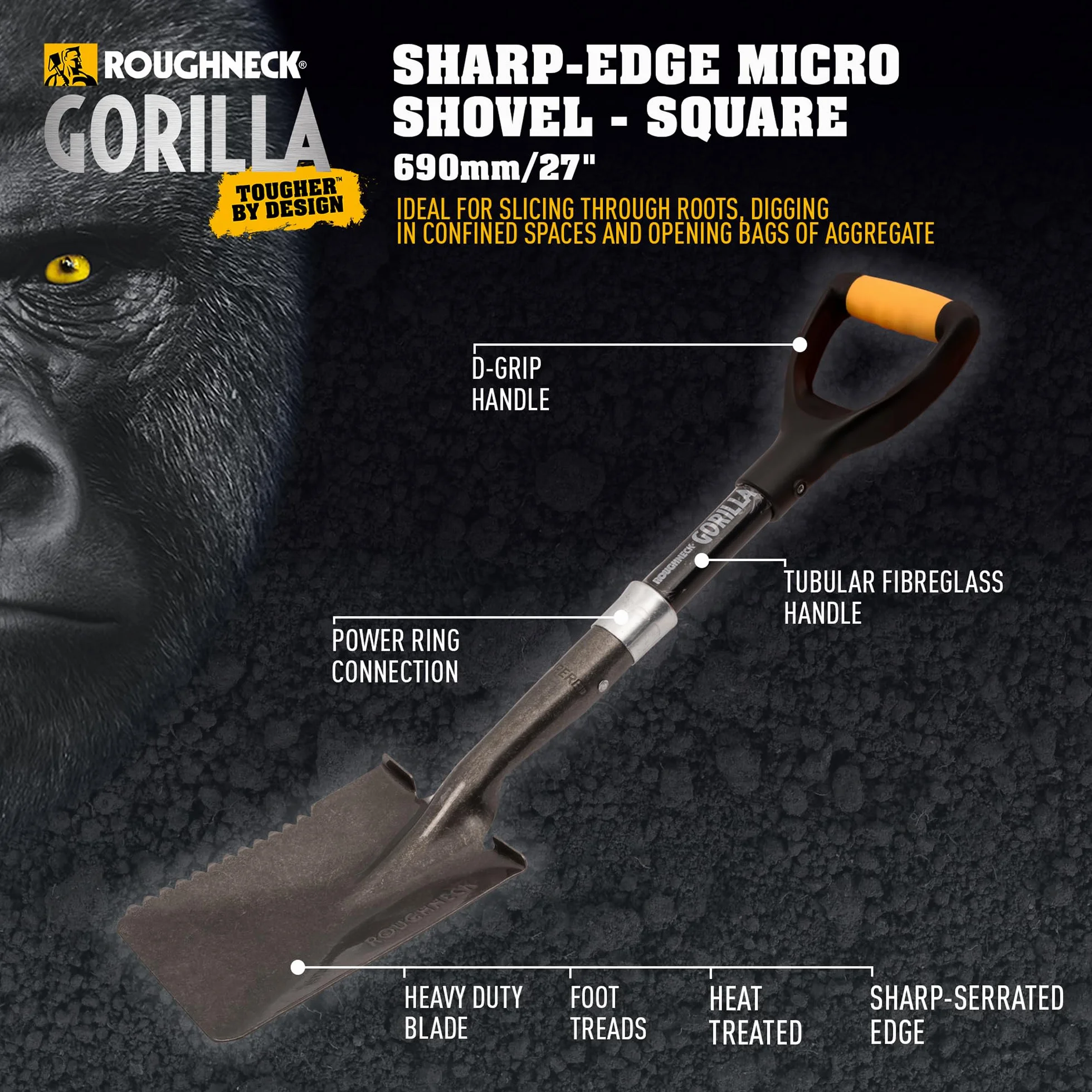 Łopata Roughneck Gorilla Sharp-Edge Micro, wytrzymałe, kwadratowe ostrze, krótki trzonek do cięcia, kopania i otwierania worków z materiałem w małych, kompaktowych przestrzeniach – 690 mm (27 cali)