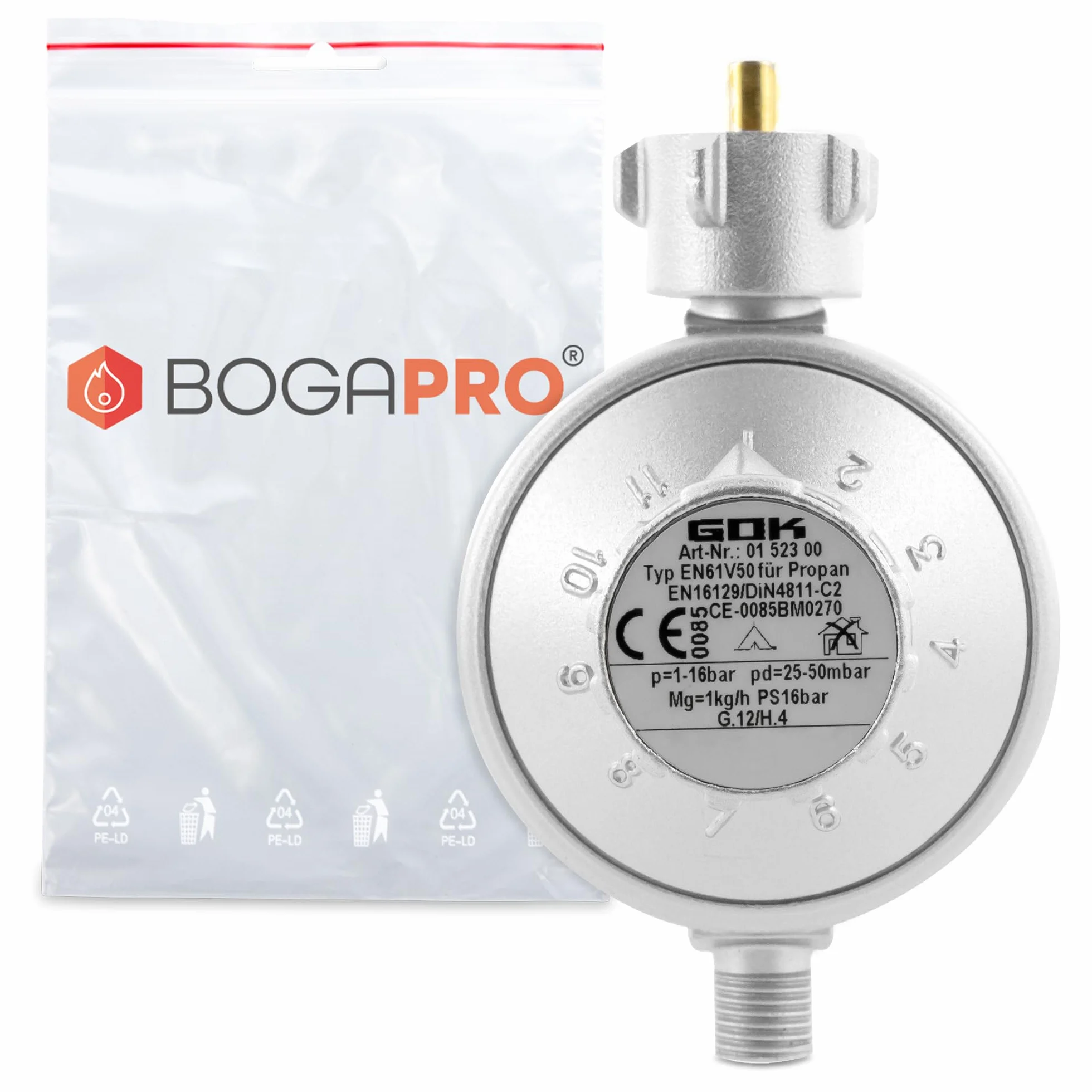 Regulator niskiego ciśnienia gazu 25-50 mbar do butli propanowych 11 kg