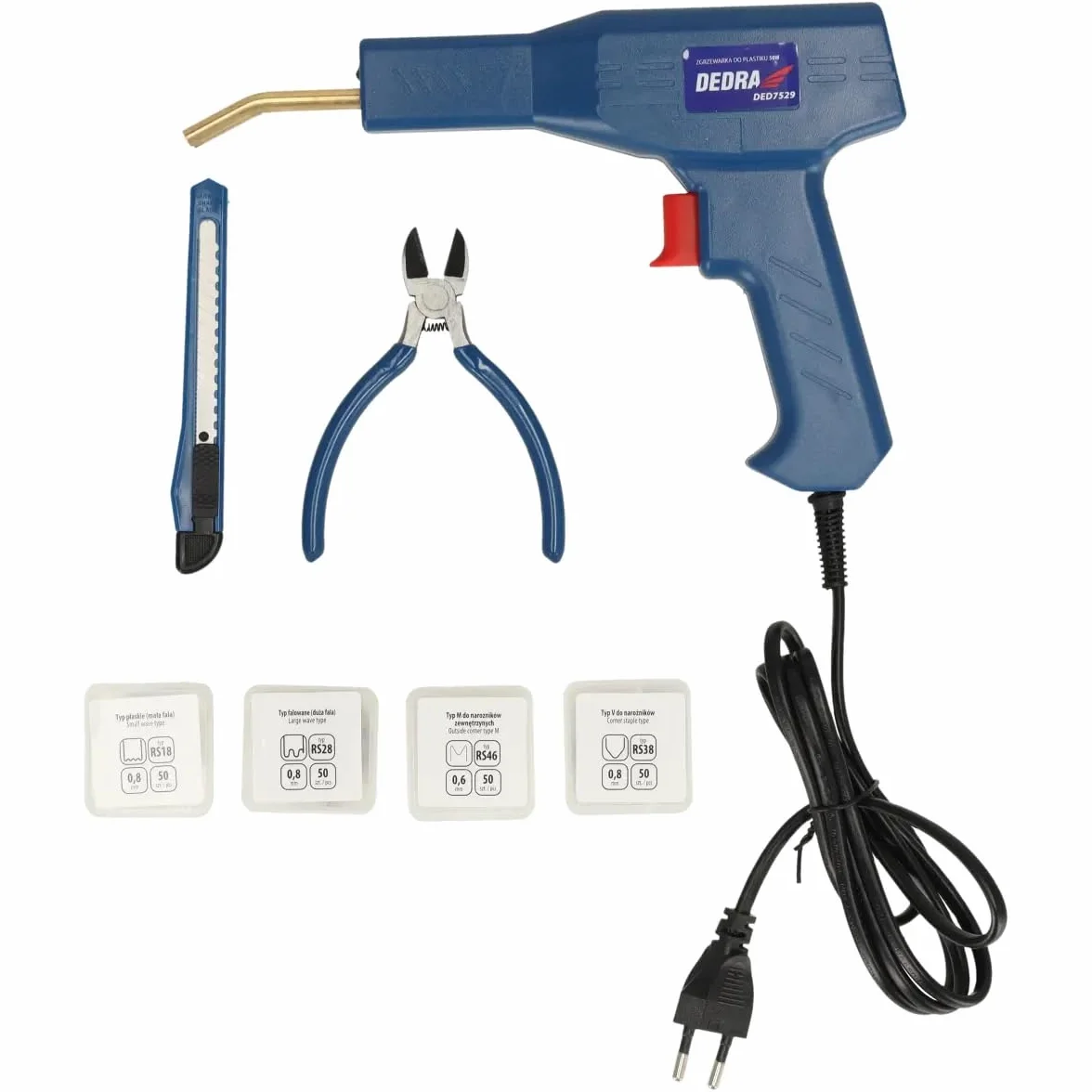 DED7529 spawarka do tworzyw sztucznych, moc 50 W, do 500 ⁰C, zestaw z 200 zszywkami, ze światłem LED, wtyczka EU, 4 rodzaje zszywaczy, zgrzewarka do tworzyw sztucznych
