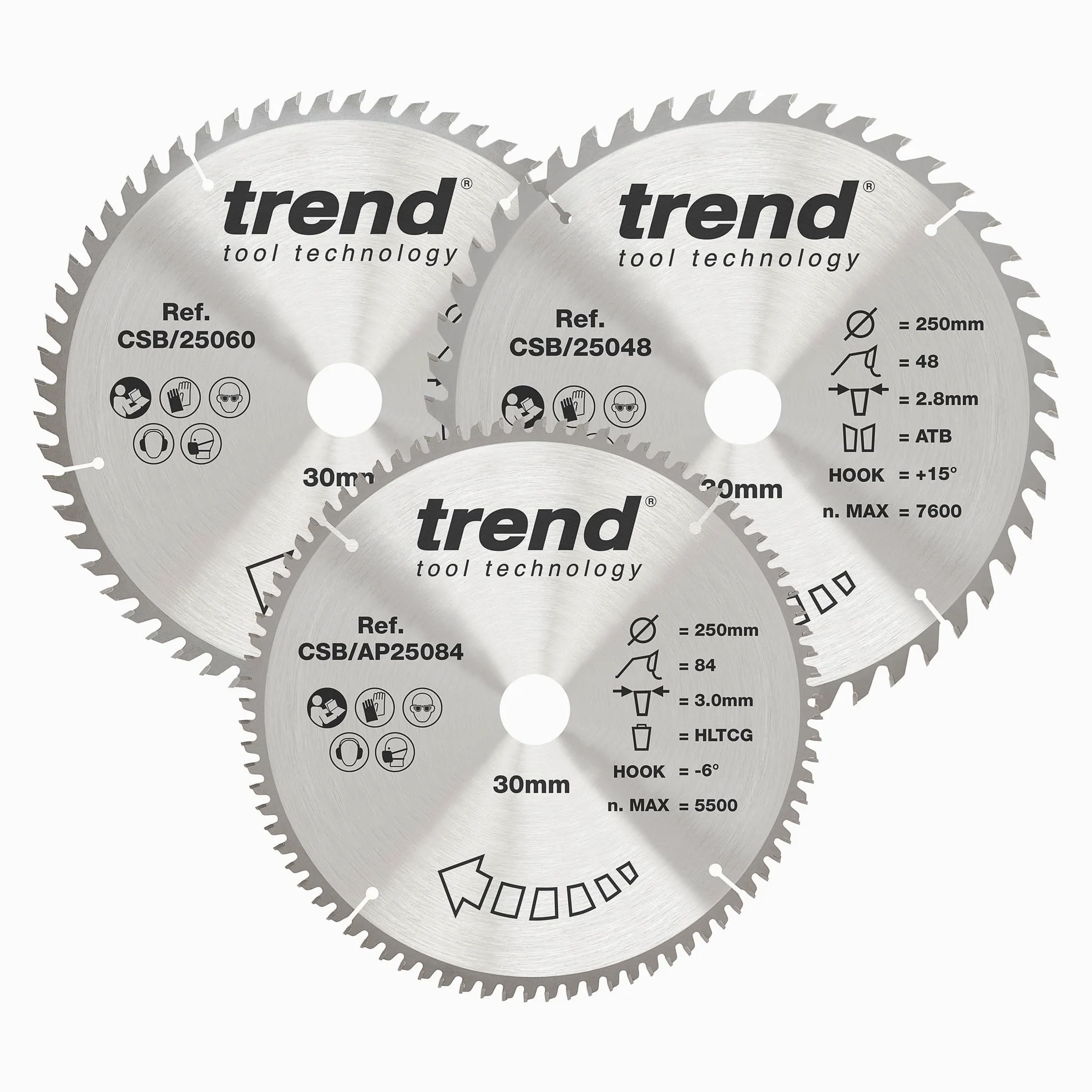 Trend Tarcze TCT do drewna 250mm 3 szt. 48/60/84T, 30mm 3mm kerf | Zestaw 3 tarcz TCT do drewna: 48/60/84T, otwór 30 mm, nacięcie 3 mm – gładkie cięcia CSB/250/3PK
