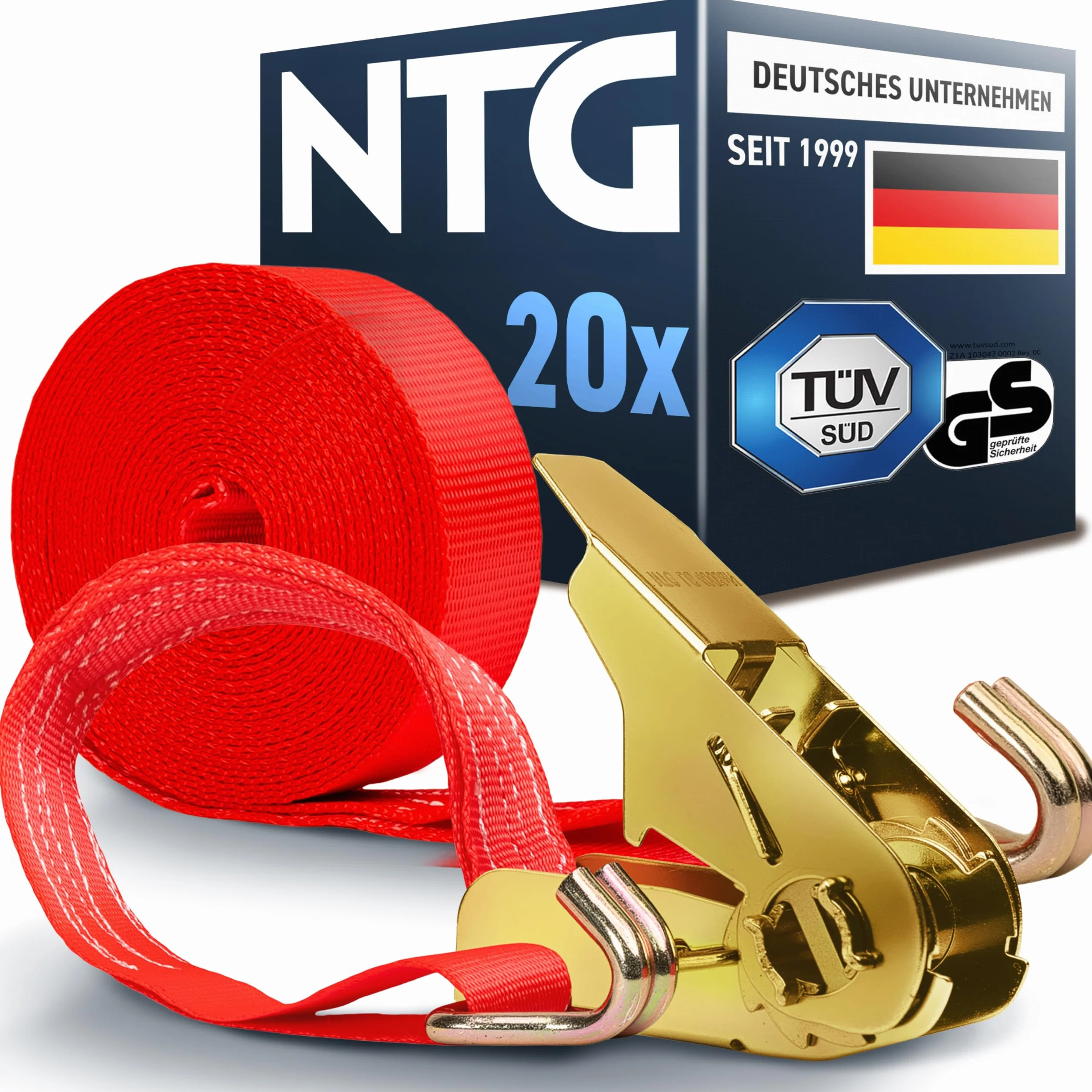 Pasy mocujące z grzechotką (20 sztuk) z atestem TÜV/GS, 800 kg, 6 m, dwuczęściowe, z haczykami, pasy mocujące, 25 mm, 0,8 T, 6 metrów