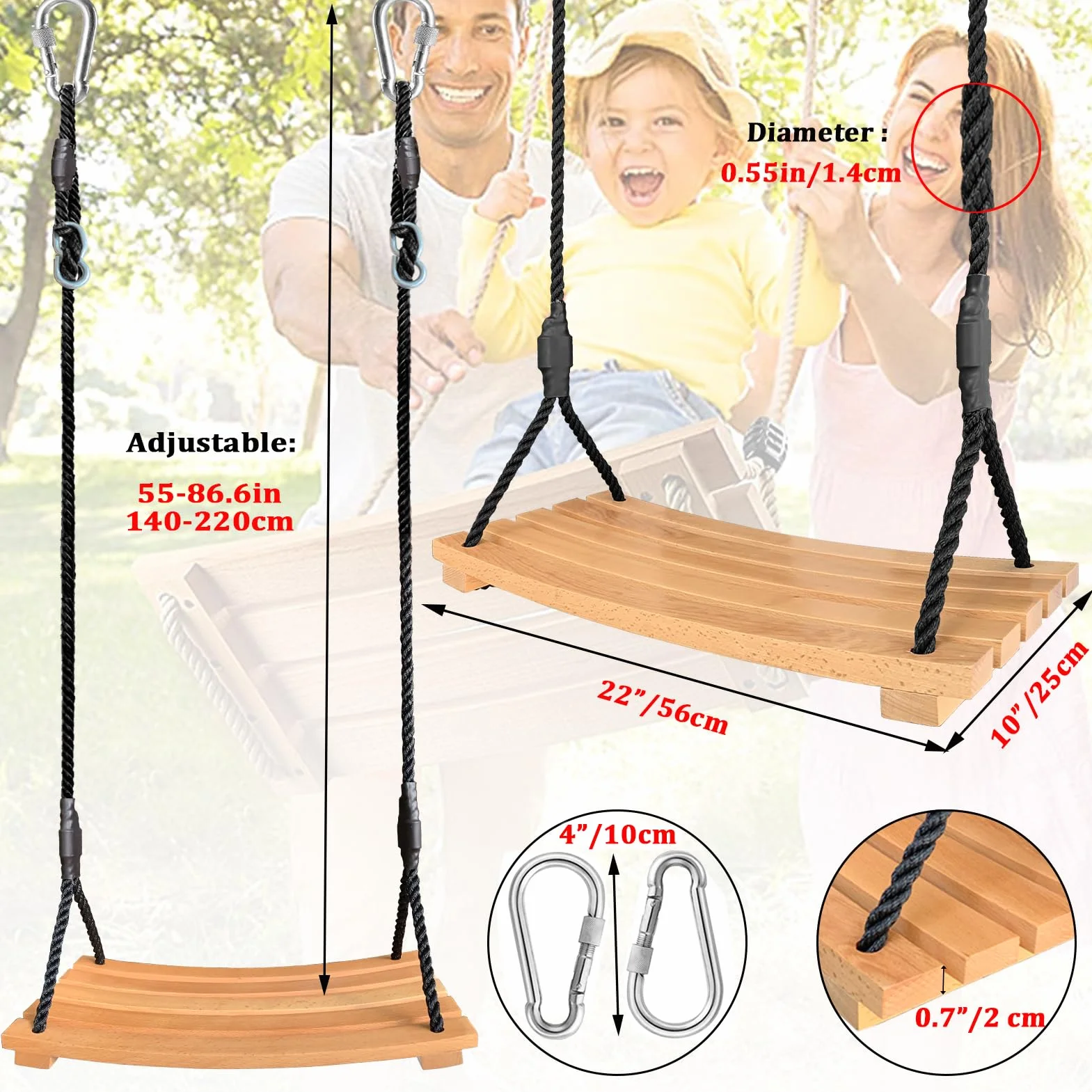 Favuit huśtawka na drzewo, dla dorosłych dzieci, wisząca drewniana huśtawka z regulowaną linią, obciążenie 250 kg, do wewnątrz i zewnątrz, do ogrodu i podwórków (56 x 25 cm)