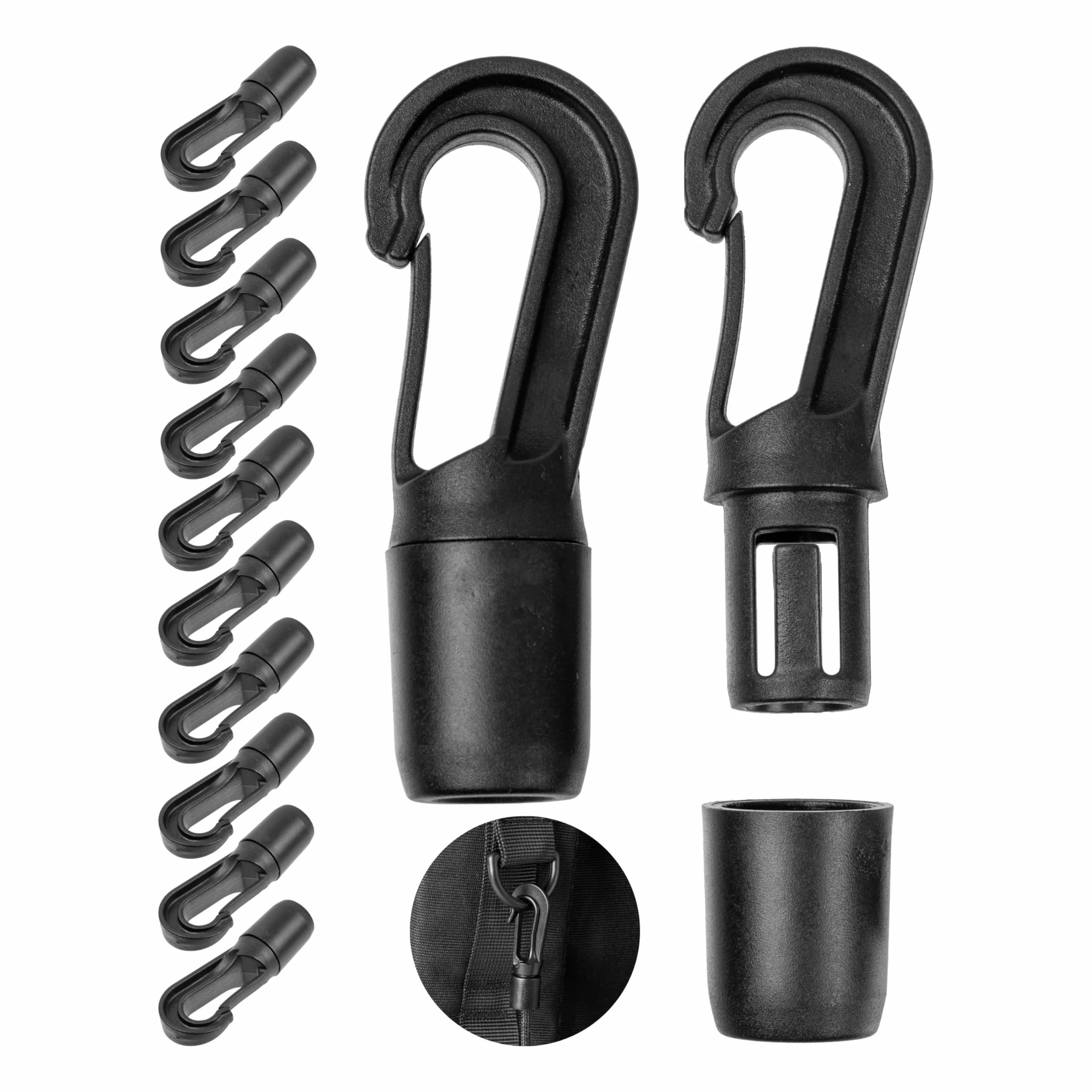 Karabińczyki z tworzywa sztucznego, 12 sztuk, w kolorze czarnym, do taśm o średnicy 9 – 10 mm, plastikowe haczyki DIY na gumową linkę, smycz, sznurek sznurkowy z systemem wtykowym, napinacz liny do