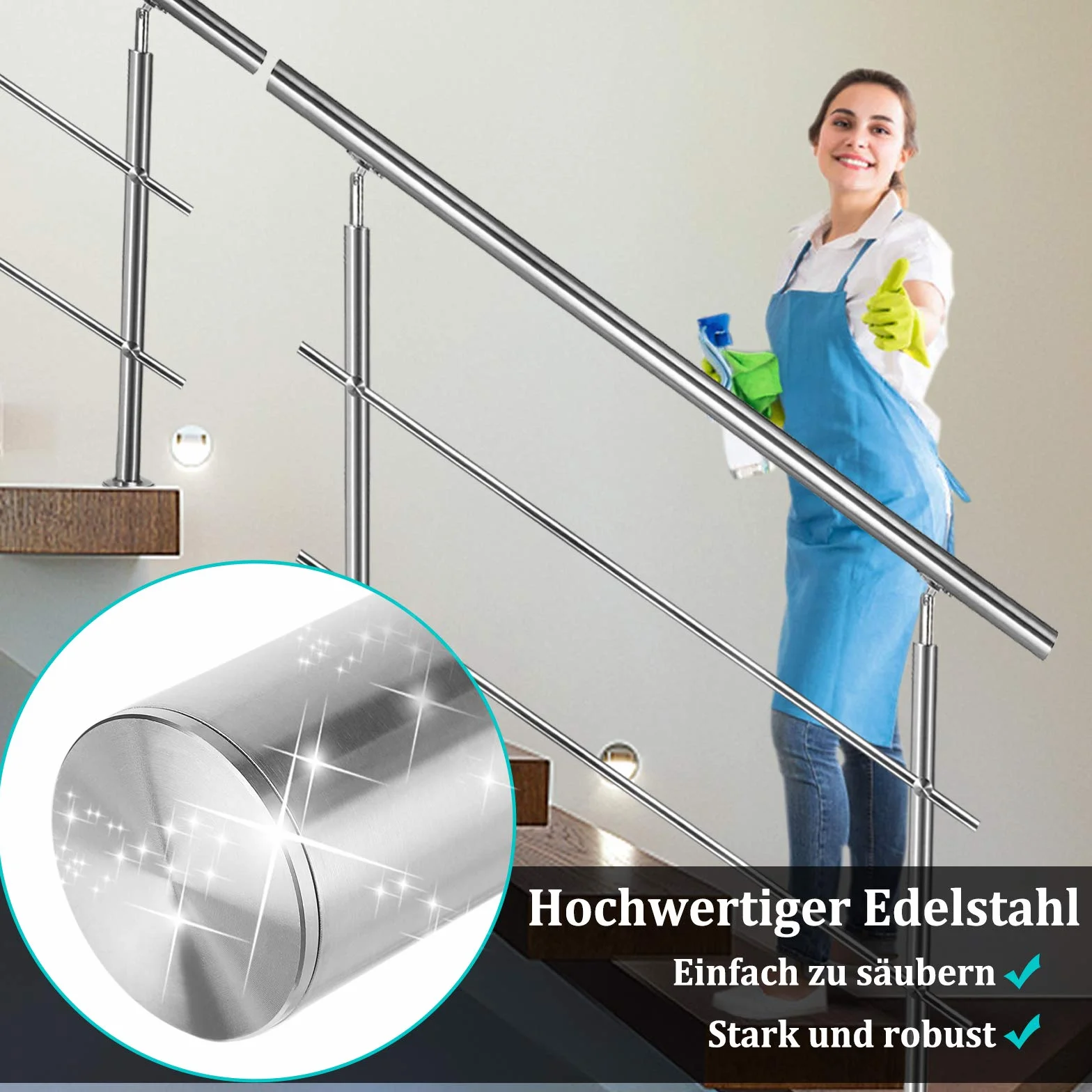 Aufun Poręcz ze stali nierdzewnej, 80 cm, poręcz schodowa do wewnątrz i na zewnątrz, z 2 słupkami, do schodów, balustrady, na balkon (80 cm, 2 poprzeczki)