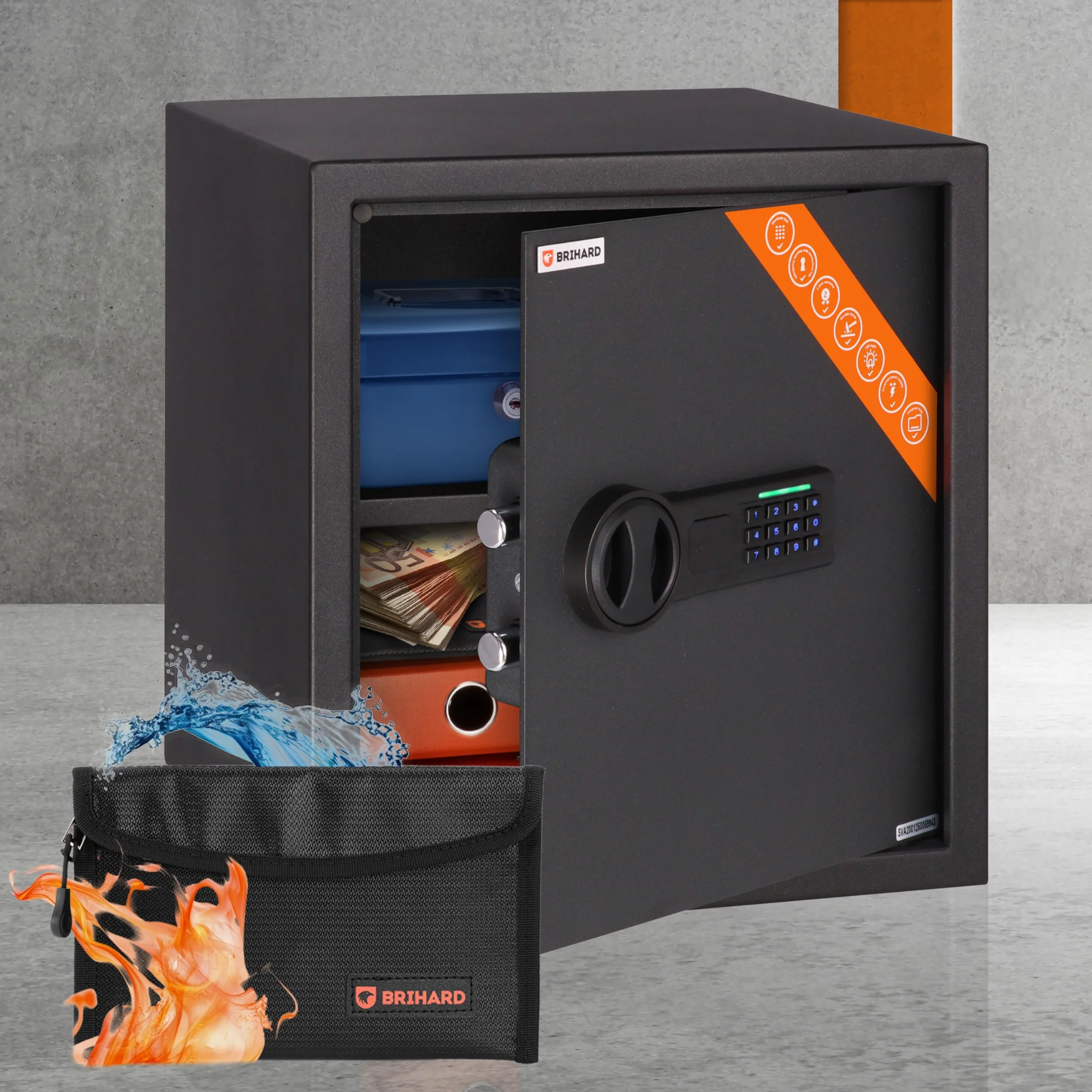 Business Sejf Elektroniczny 40x36x36cm z Ognioodporną Saszetką na Pieniądze, Duży Sejf 48L z Wyjmowaną Półką, Sejf Biurowy na Dokumenty A4, Pieniądze