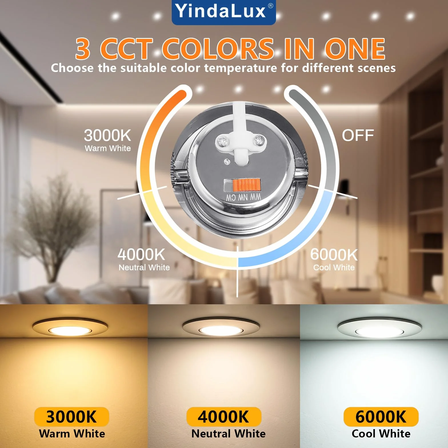 YindaLux Reflektor sufitowy LED, 5 W, 500 lm, reflektor sufitowy, 3000 K, 4000 K, 6000K, możliwość ściemniania, IP44, wodoodporny reflektor łazienkowy, otwór Φ68-80 mm, AC 220-240 V, zestaw 10 sztuk