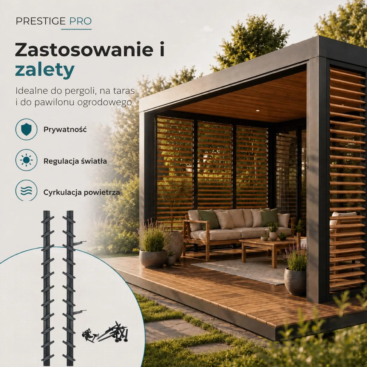 Prestige Ostaszewska system ruchomych deseczek do ogrodu na 11 lameli | 100 cm | Brązowy | Zestaw do żaluzji i rolet | System rolet tarasowych, ruchome panele, stal ocynkowana