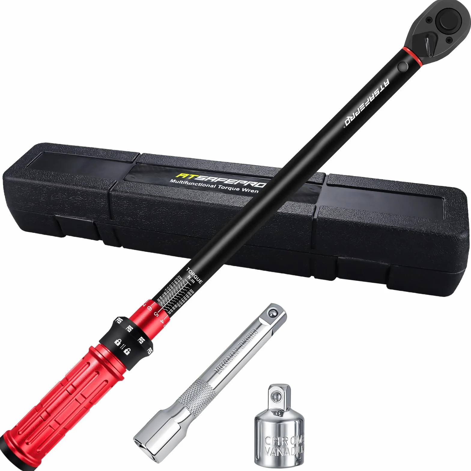 ATsafepro Motocyklowy klucz dynamiczny samochodu, klucz momentowy 1/2 calowy 20-230 Nm/14.8-169.7 lbf.ft,Adapter 1/2" do 3/8'', dokładność ± 3% 72 zębów, 125mm przedłużacz