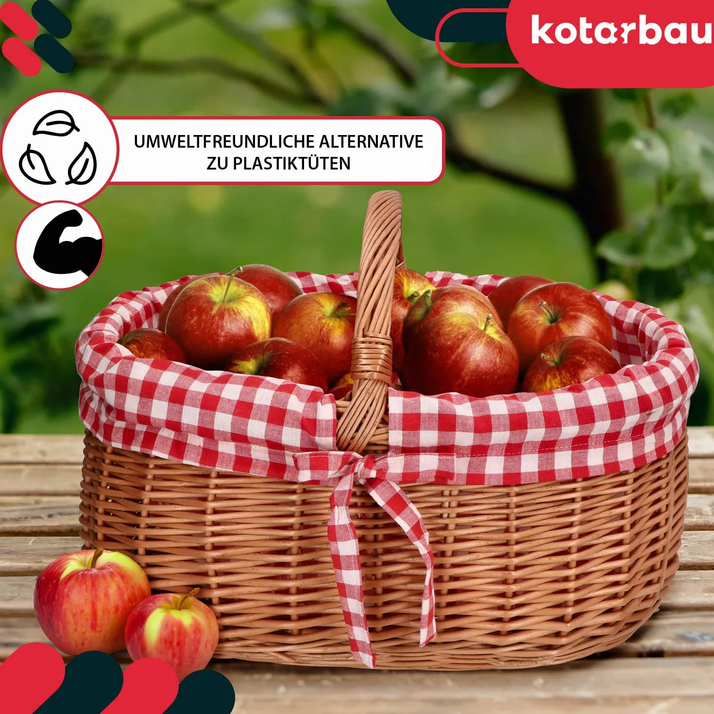 KOTARBAU® Kosz Wiklinowy na Zakupy - 46 x 32 x 43 cm - Koszyk Piknikowy - Kosz na Grzyby - Koszyk Wielkanocny - Owalny - Czerwona Wyściółka - Wkład - Obszycie Krata