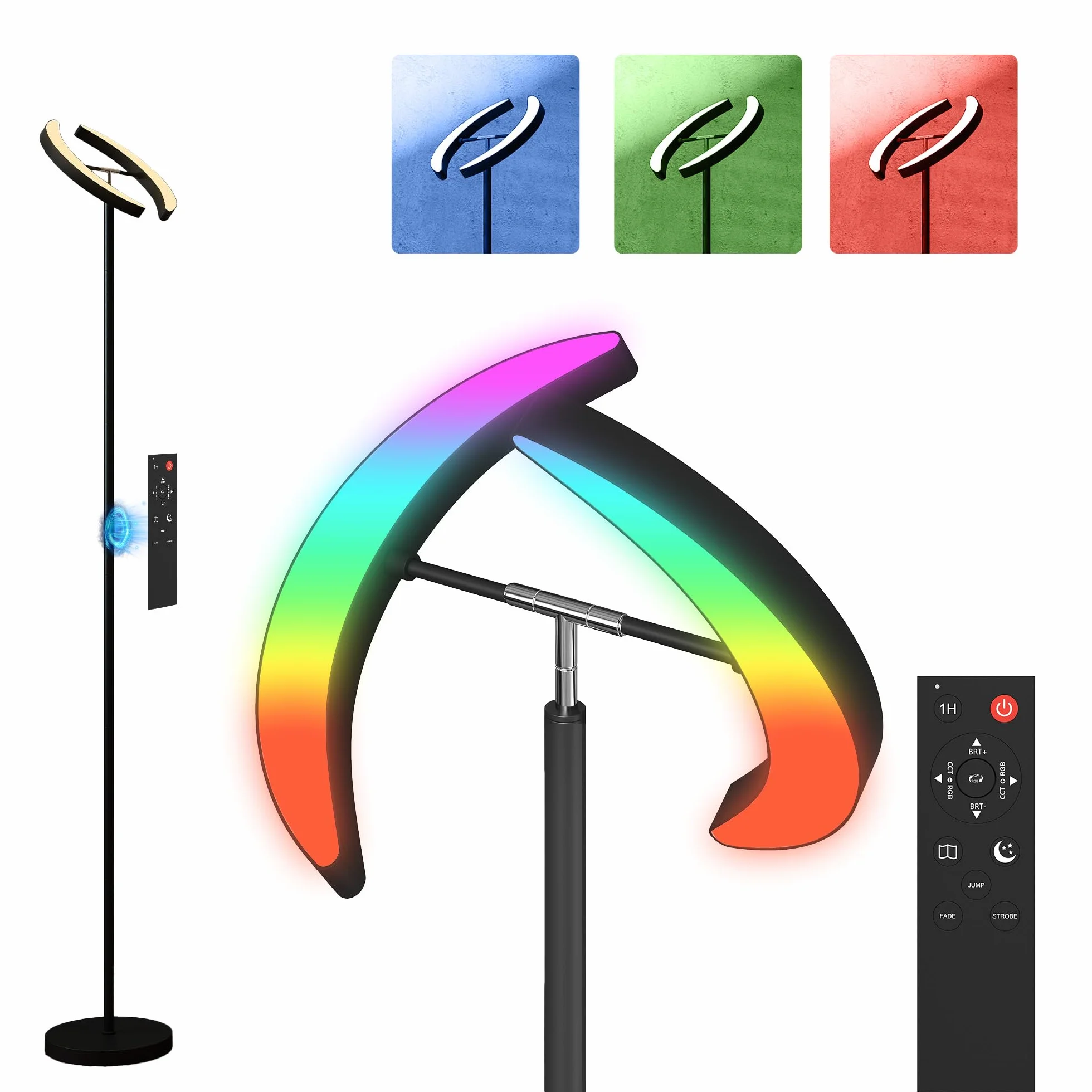 HOMCOM Lampa podłogowa LED do salonu RGB, z regulacją jasności, z obrotową podwójną głowicą, pilotem, sterowaniem dotykowym, 4 temperaturami barwowymi, timerem, nowoczesna lampa sufitowa do salonu,
