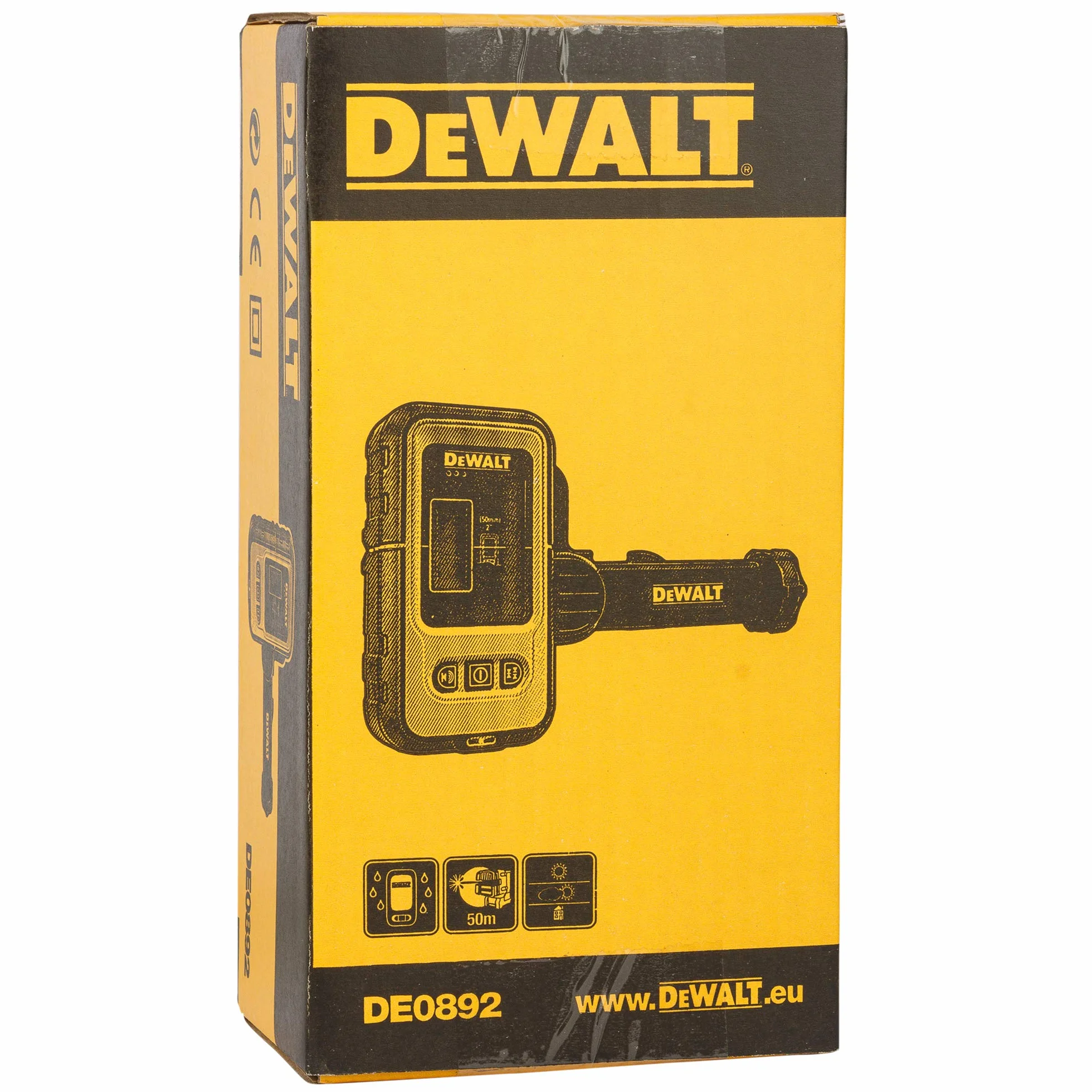 DEWALT Odbiornik do lasera liniowego z czerwoną linią DE0892 (do lokalizacji wychodzących promieni laserowych do 50 m, z sygnałem optycznym i akustycznym, zasilanie na baterię 9 V)