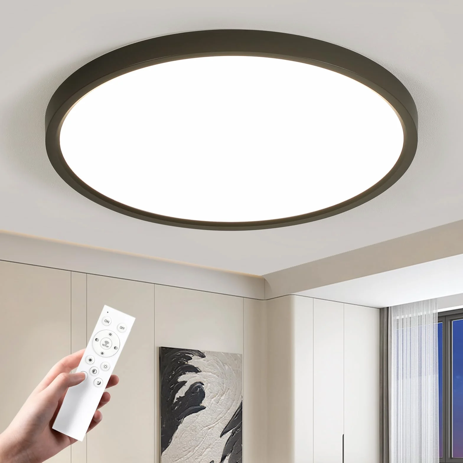 OTREN Lampa sufitowa LED do ściemniania 52 W, 5200 lm, z pilotem, trybem nocnym i funkcją pamięci, czarna 3000 K - 6500 K, wodoodporna IP44, do łazienki, kuchni i sypialni, 50 cm