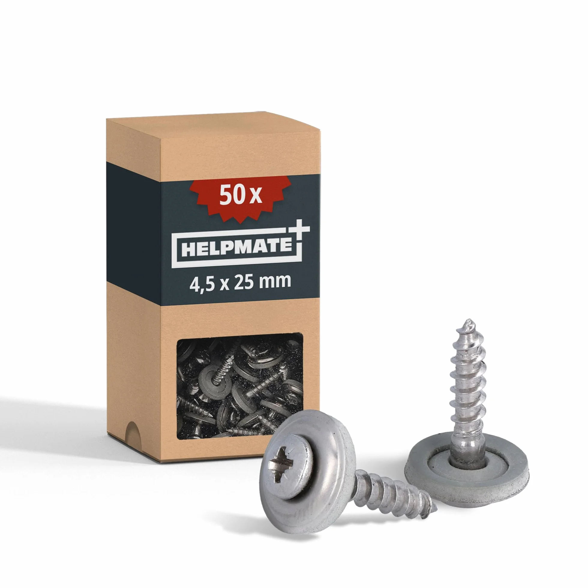 HELPMATE – Wkręty do blachy 4,5 x 25 mm – stal nierdzewna A2 – 50 sztuk | DIN 7995 – zabezpieczone przed korozją – napęd PZ2 – wkręty dachowe z łbem stożkowym, podkładką, uszczelką EPDM – srebrny