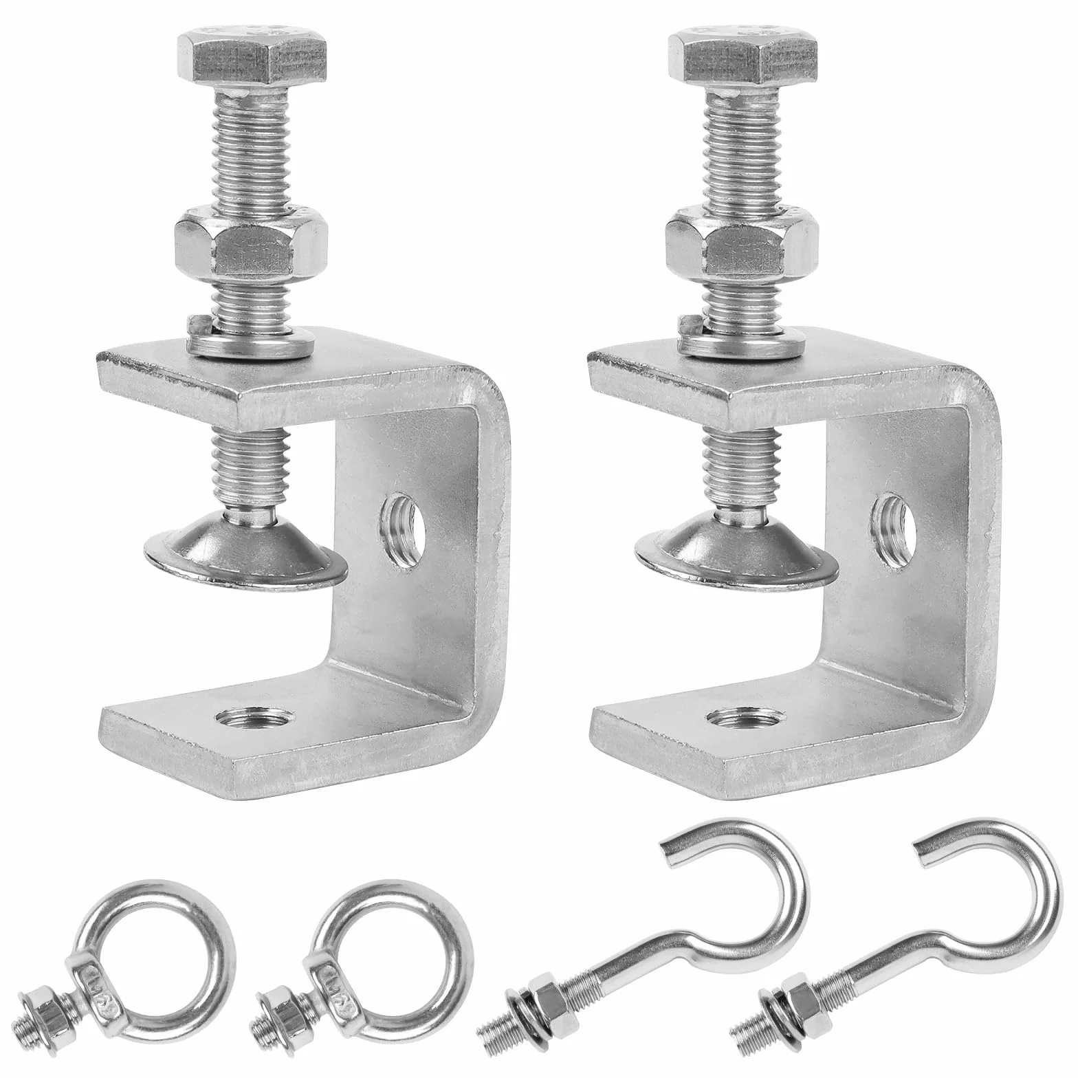 Zaciski C 2 sztuk ze stali nierdzewnej, zestaw zacisków C, zaciski szczękowe, 30 mm, metalowe zaciski śrubowe z hakami ze stali nierdzewnej i śrubami pierścieniowymi do prac drewnianych, spawania i