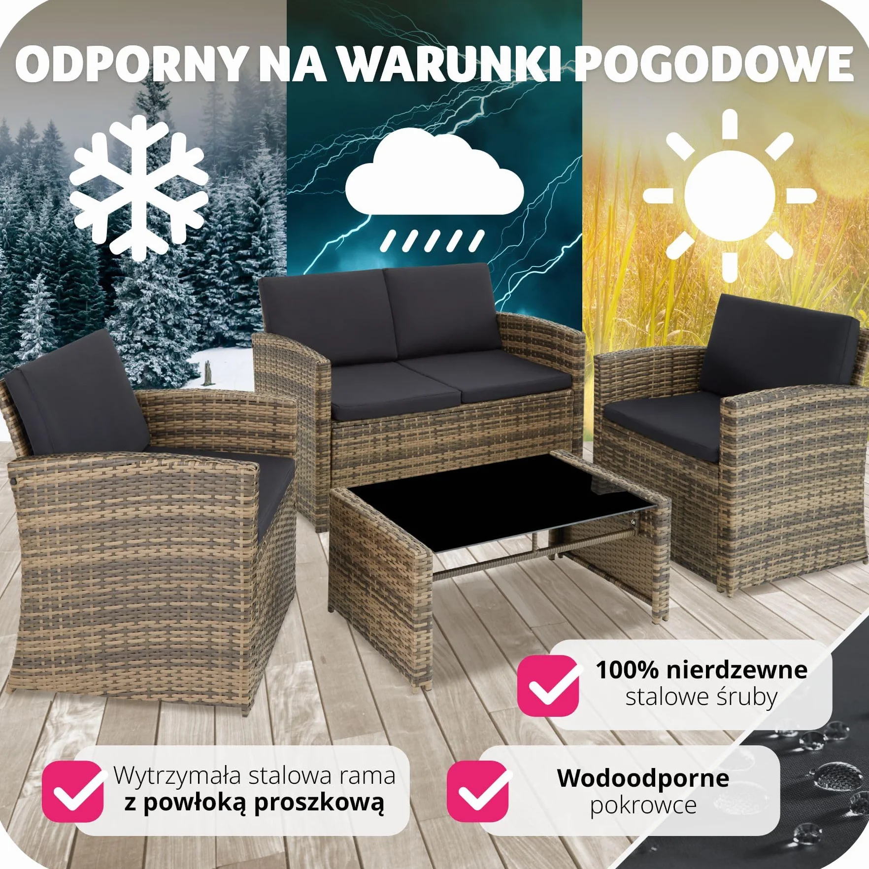tectake Zestaw Mebli Ogrodowych Lucca Stalowa Rama Wodoodporne Pokrowce Stół ze Szkłem Rattanowy dla 4 Osób naturalny