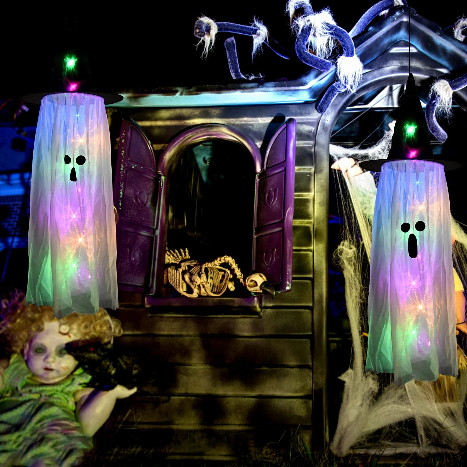 Halloween wiszące dekoracje świecący kapelusz ducha LED