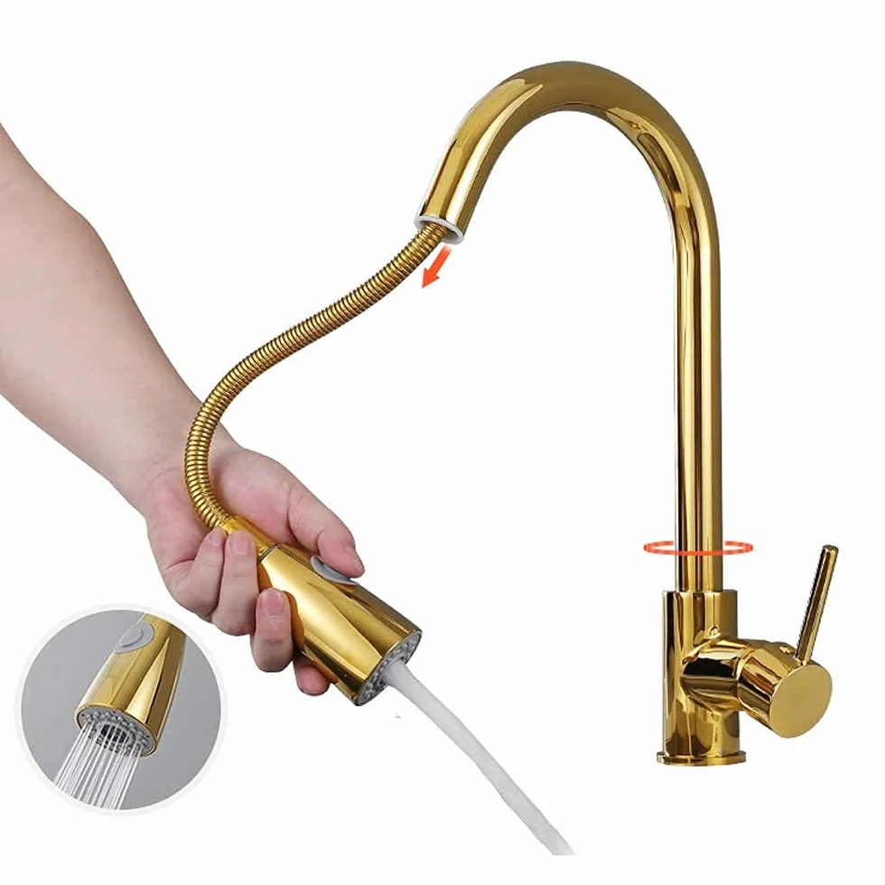 Baterie, łazienka Złota wyciągana głowica natryskowa Bateria kuchenna 2 tryb opryskiwacza 360 obrót Pojedynczy uchwyt Mixer Tap Żuraw do zlewu Pojedynczy uchwyt Deck Mounted/a little surprise