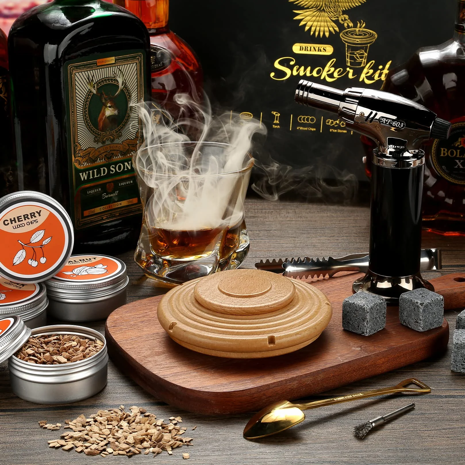 Zestaw do wędzenia koktajli z 4 wiórami drewnianymi, staromodny zestaw do wędzarni whisky, do koktajli, wina, whisky, burbona, męża, taty, buk