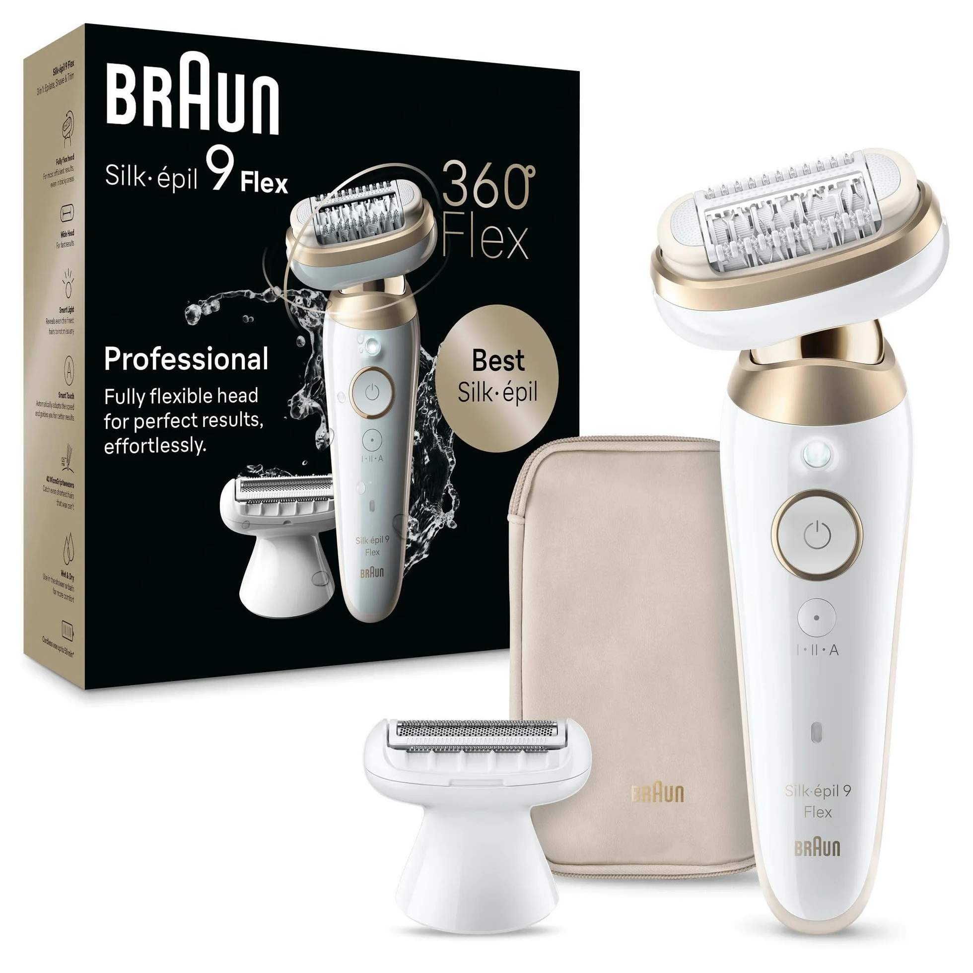 Braun Silk-épil 9 Flex depilator z elastyczną głowicą 360 do łatwego usuwania włosów, na mokro i sucho, długo utrzymująca się jedwabiście gładka skóra, nasadki do golenia i trymera, Made in Germany,