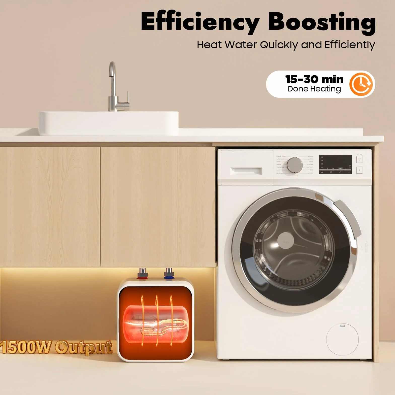 MINRS Podszafkowy bojler do kuchni, pojemność 1500 W, 220 V, podgrzewacz wody 30-65°C, do umywalek, kuchni, łazienki, biały