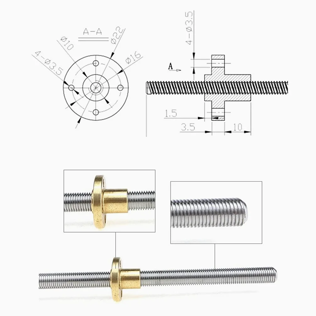 T8 Śruba Trapezowa Ze Stali Nierdzewnej + Nakrętka Miedziana Długość 100-1200 Mm Skok 14 Mm Śruba Typu T 1 Szt./1200Mm With Nut