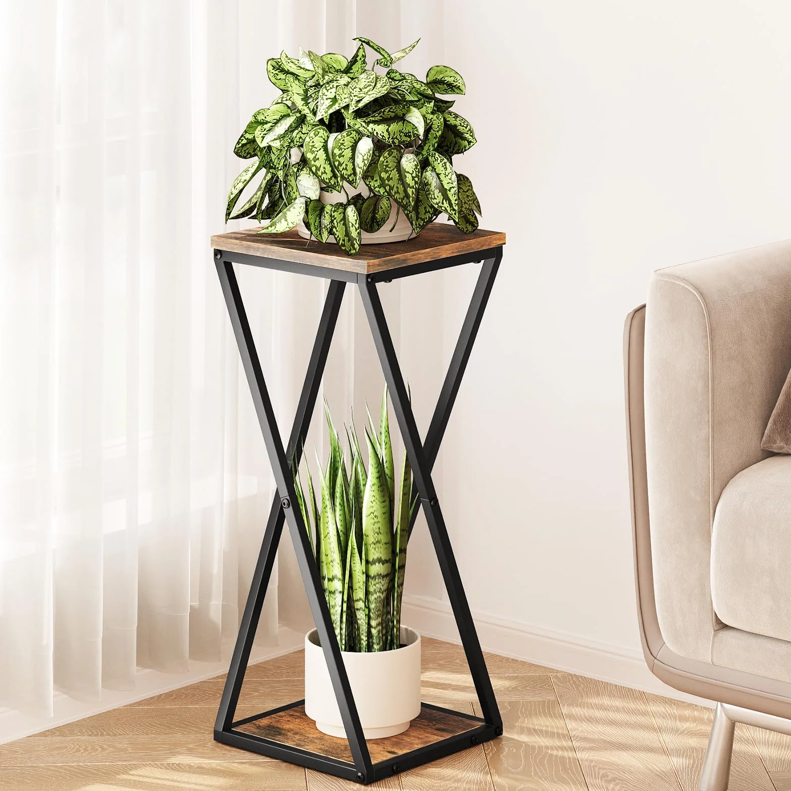Bamworld Stojak na Kwiaty Wewnętrzny 2-Poziomowy Narożny Metalowy z Półkami na Rośliny do Mieszkania Stojak Ogrodowy Balkon