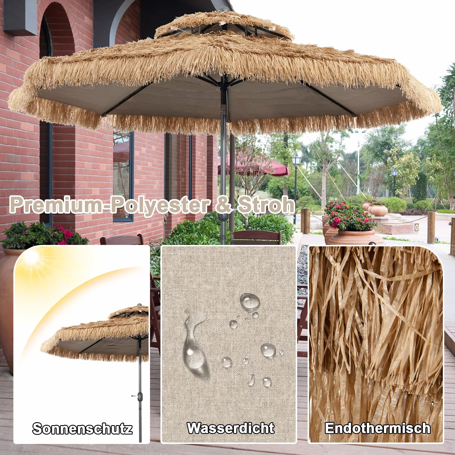 COSTWAY Hawaii parasol przeciwsłoneczny, 270 cm, Podstawa parasola nie jest dołączona, słomkowy parasol z podwójnym dachem, parasol ogrodowy, odchylany, słomkowy parasol plażowy