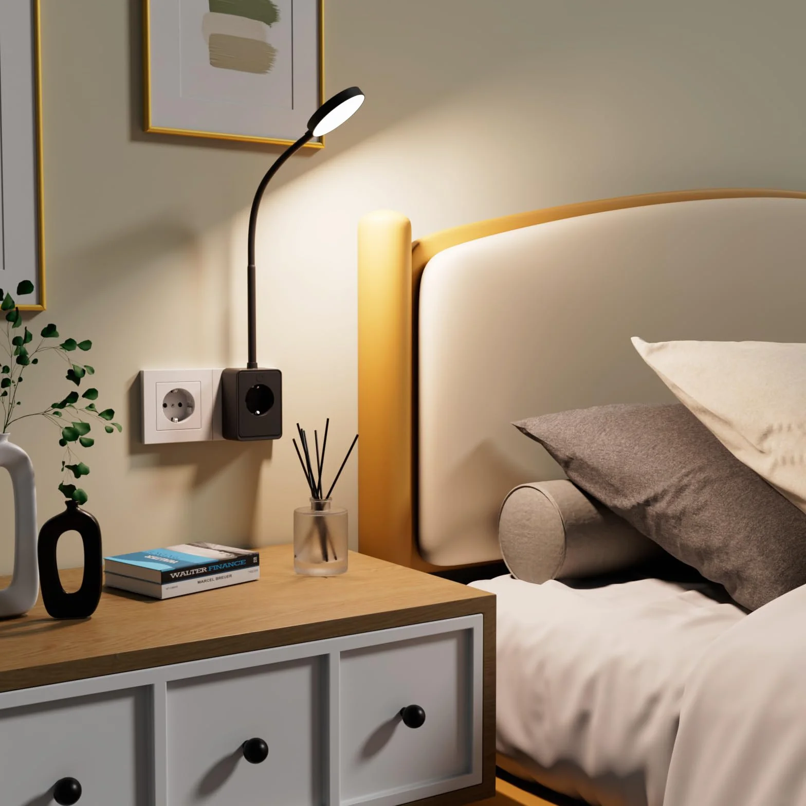 ENUOTEK LED Ścienna Lampa Regulowana Czarna z Wtyczką i Gniazdem, Lampa Ścienna z Gniazdem do Sypialni, 3000K 4000K 6000K Kolory Światła Regulowane, z Portem Typu C i USB