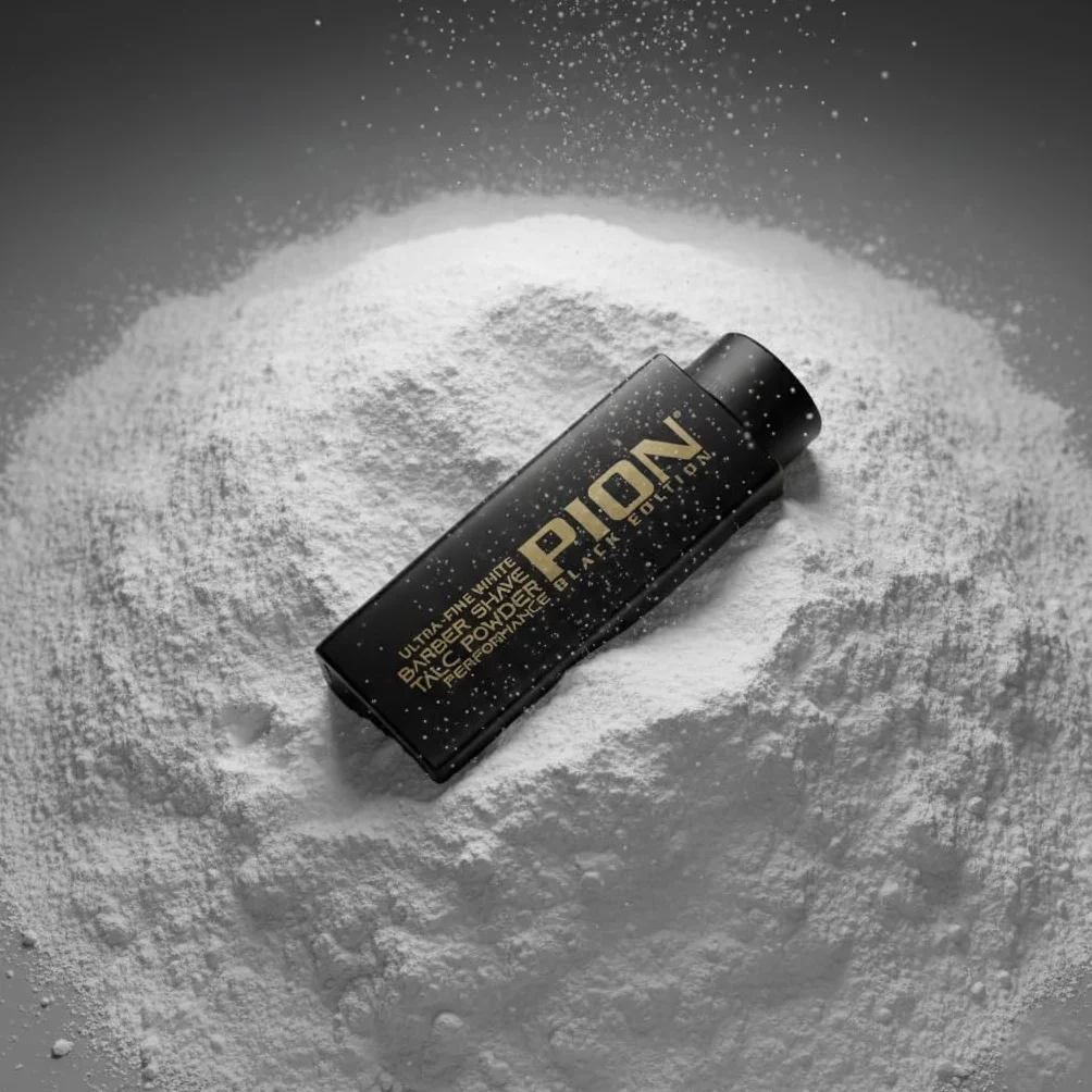 Pion Barber Shave Talc Powder Black Edition – ultra delikatny biały proszek zapewniający delikatne golenie, 180 g