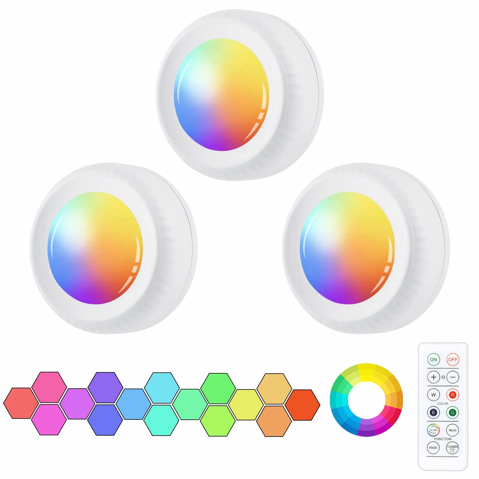 Vicloon LED Spots Zasilane bateryjnie z pilotem, 3 sztuki Oświetlenie szafki LED RGB 16 kolorów, ściemniane, z magnesem/klejem do sypialni, szaf, szafek, kuchni