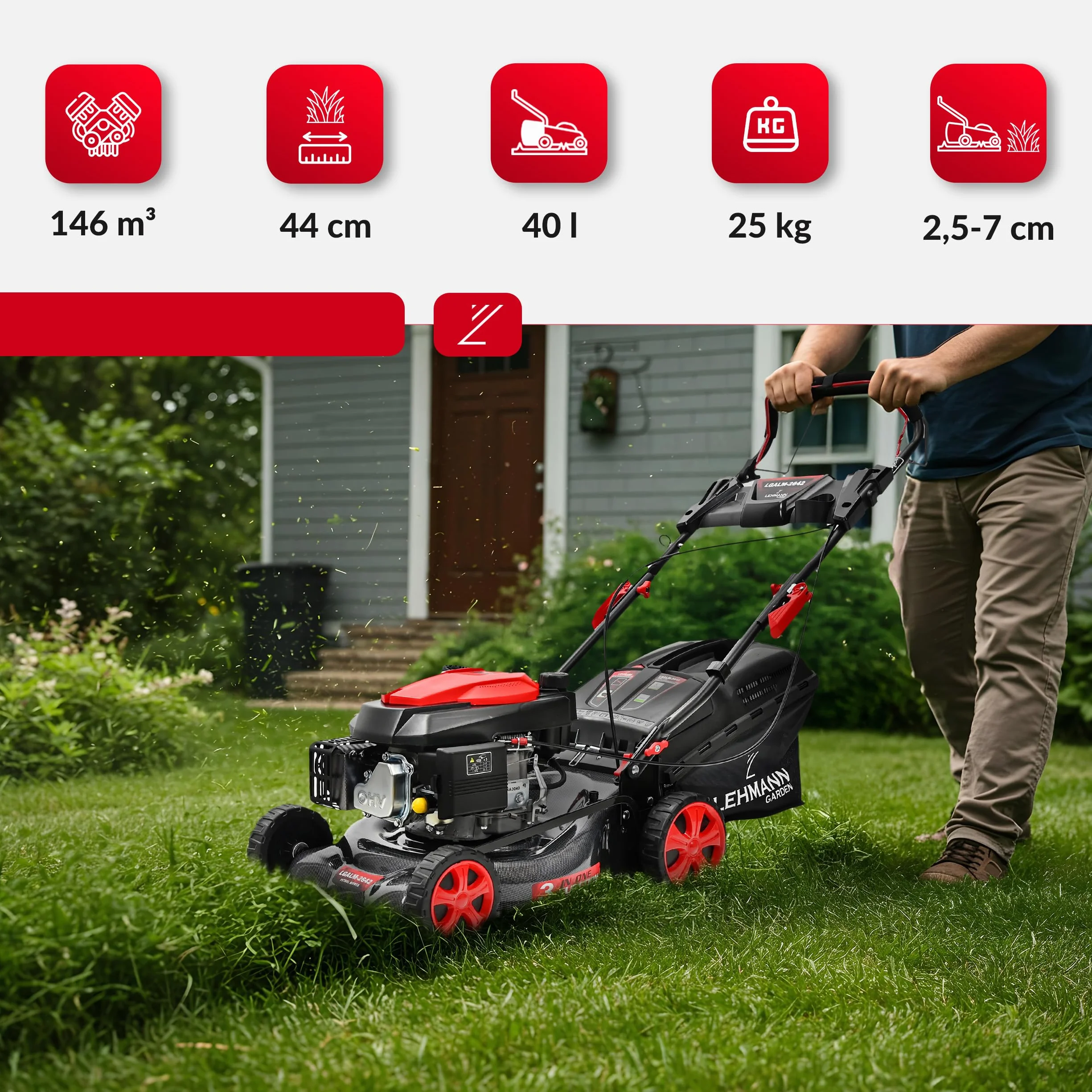 Lehmann LGALM-2642 kosiarka spalinowa z napędem 146 cm³ 2,6 kW szerokość cięcia 42 cm obudowa stalowa regulacja wysokości koszenia 25-70 mm