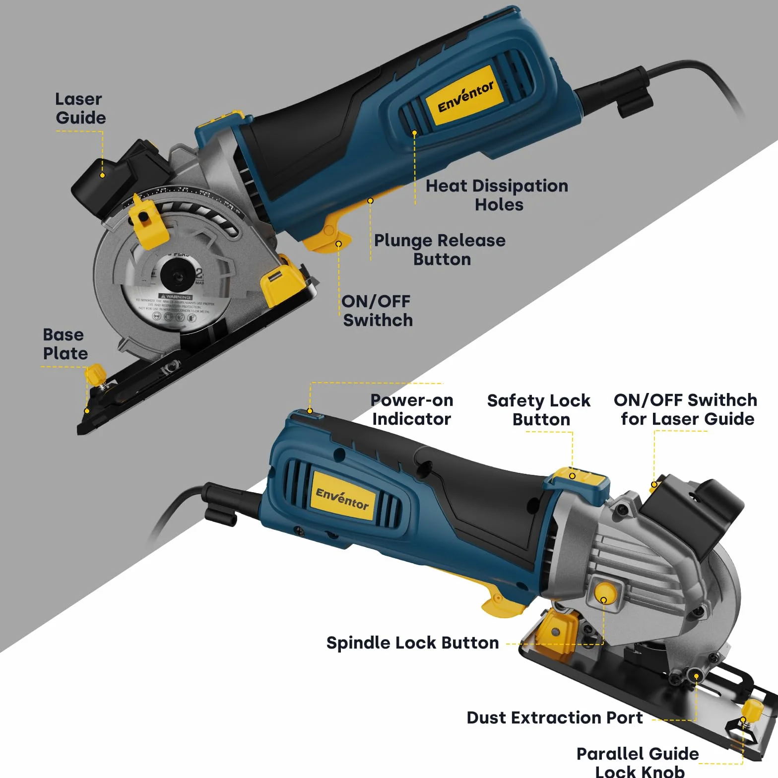 Enventor Mini Pilarka Tarczowa 600W, Miniaturowa Ręczna Pilarka Tarczowa z Linijką Skalową i Prowadnicą Laserową, 5500RPM, 3 Brzeszczoty, Do Drewna, Płytek, Tworzyw Sztucznych i Cienkich Metali