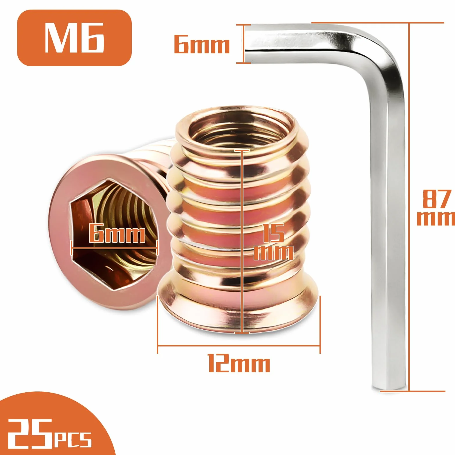 Wkład gwintowany do drewna, M6 x 15 mm, nakrętka wkręcana do drewna, 25 sztuk, mufa wkręcana M6, ocynkowana, tuleja sześciokątna, nakrętki do mebli drewnianych, regałów, stołów warsztatowych