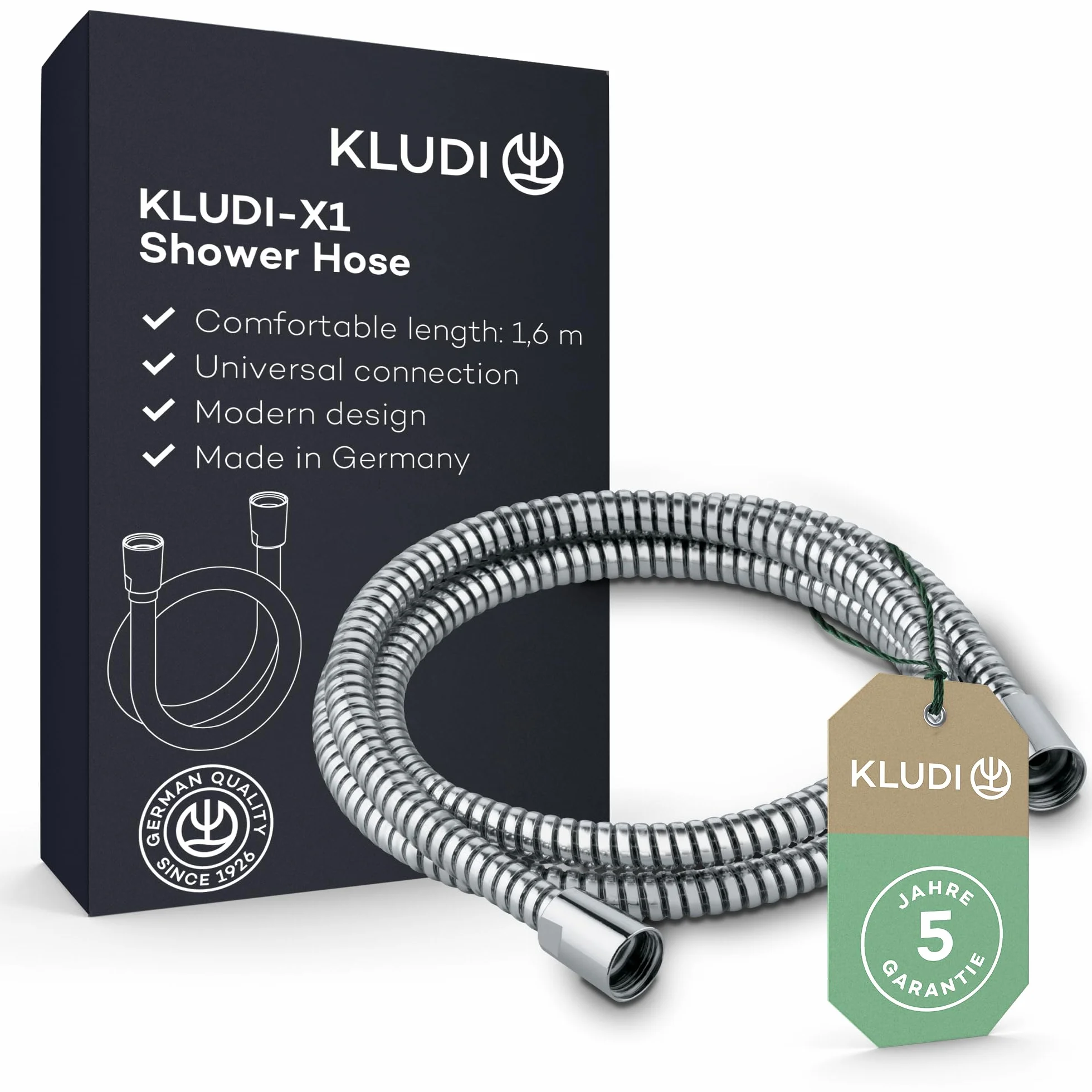 KLUDI -X1 uniwersalny wąż prysznicowy 1,60 m, elastyczny wąż prysznicowy z podwójnym zabezpieczeniem przed przekręceniem, odporny na zginanie, standardowe przyłącze, powlekany tworzywem sztucznym z