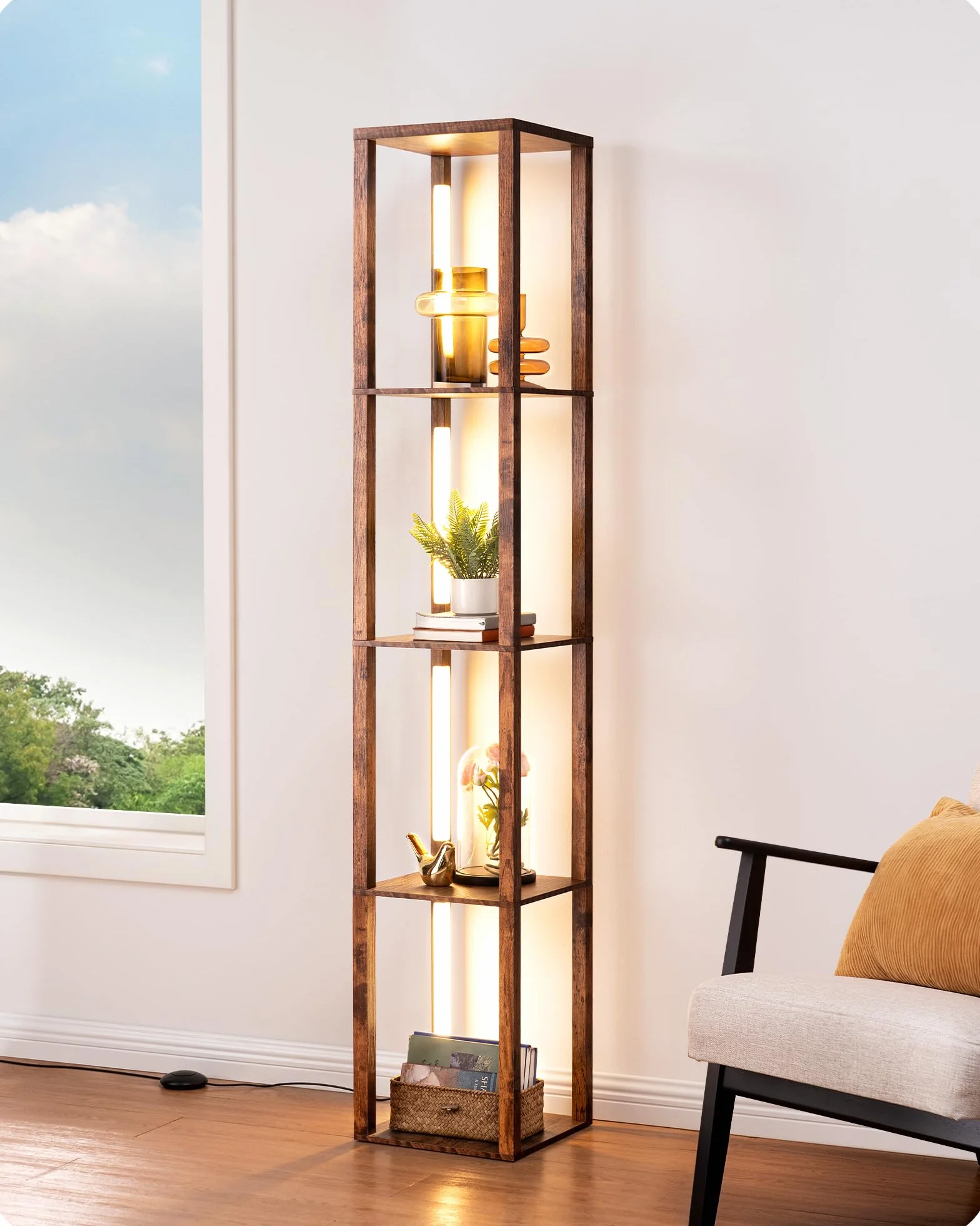 EDISHINE Lampa podłogowa do salonu, z 4 półkami, ściemnialna dioda LED, 163 cm | Nowoczesne oświetlenie wnętrza z półką, 3 temperatury barwowe, przełącznik nożny, do sypialni i narożników