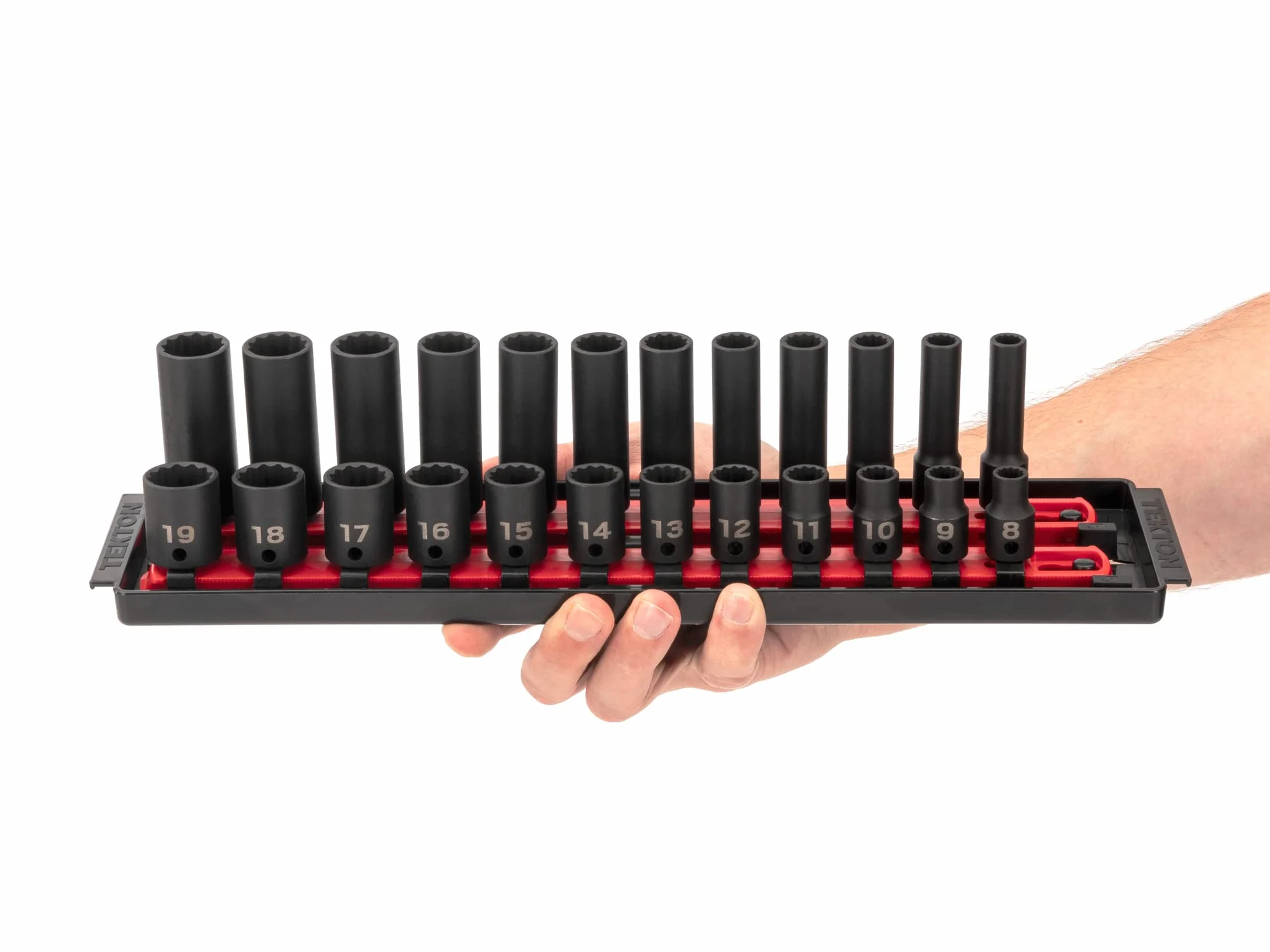 TEKTON SID91213 12-punktowy zestaw nasadek udarowych z szynami, 24-częściowy (8-19 mm)