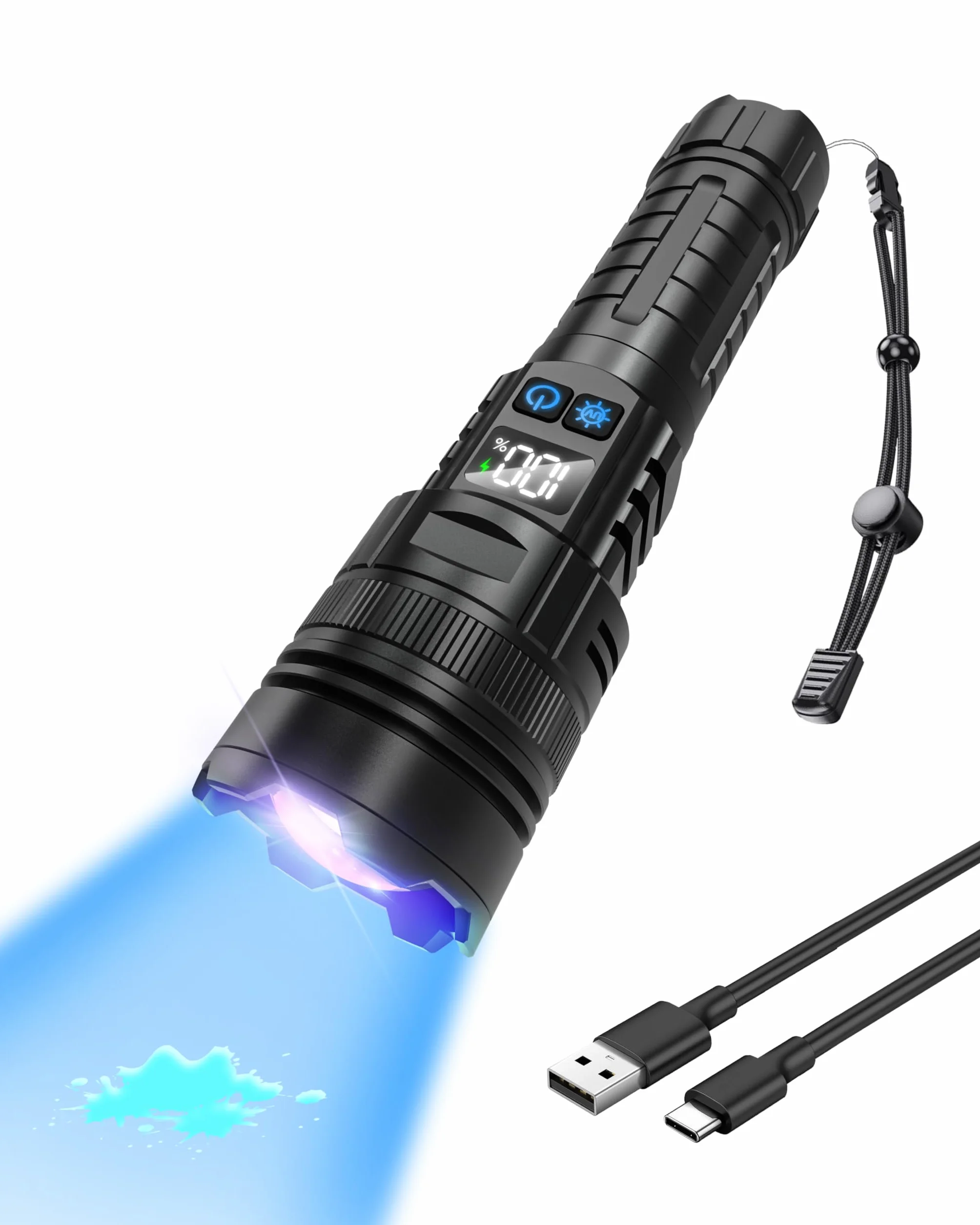 MOWETOO Blacklight latarka 365 NM UV i białe światło 2N1, ładowana przez USB C, z wyświetlaczem LCD, możliwość powiększenia, czarne światło do wykrywania moczu zwierząt domowych, utwardzania żywicy