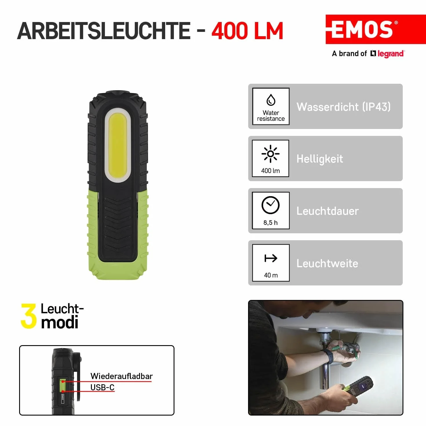 EMOS Lampa robocza LED, ładowalna wodoszczelna lampa warsztatowa z obrotową nóżką, hakiem i magnesem, 400 lm, zasięg świecenia 40 m, akumulator 2000 mAh z 8,5 godz. czasu świecenia i kablem USB, 3 tryby świecenia