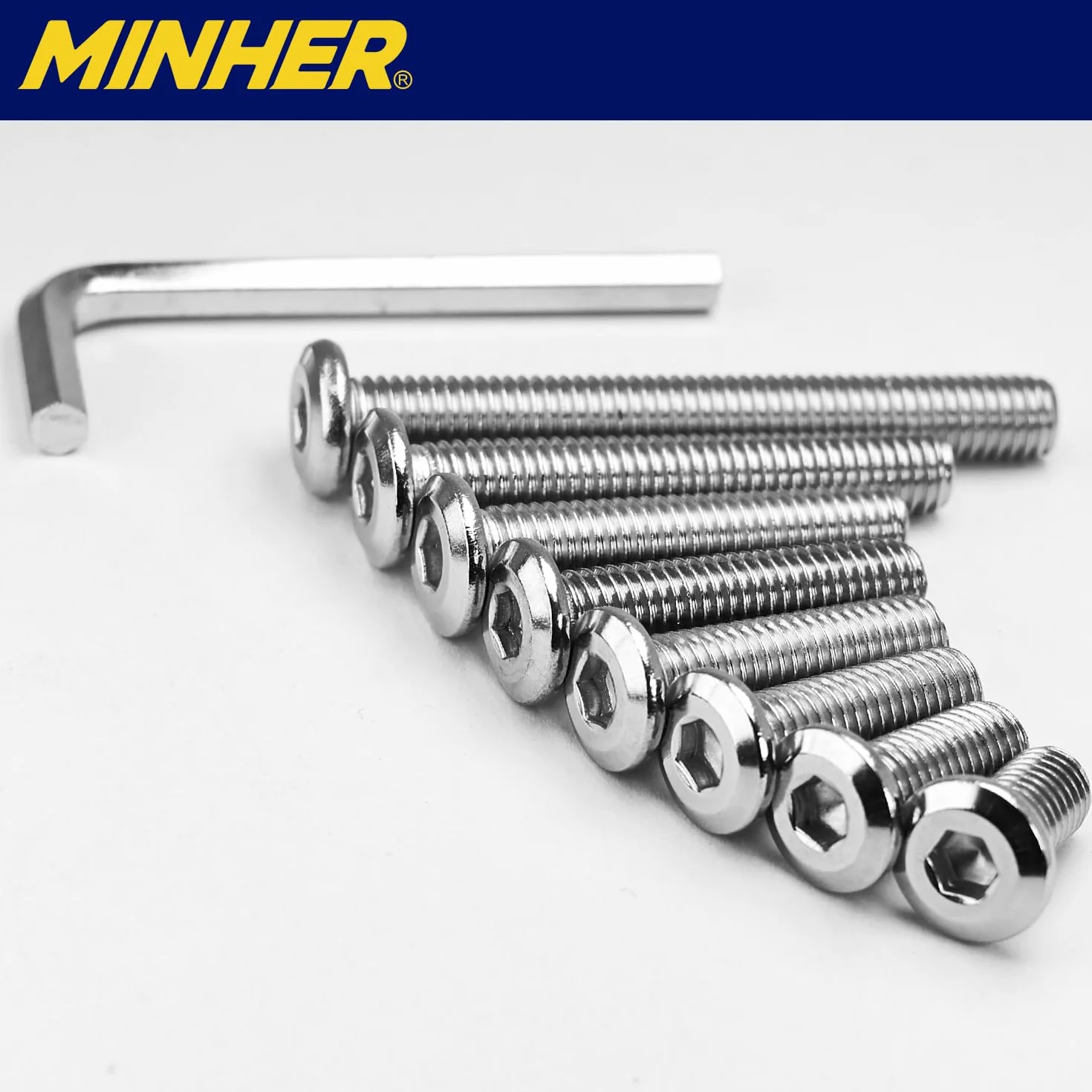 MINHER 10 zestawów śrub M4 x 8 mm, śruby z łbem płaskim, A2 V2A, stal nierdzewna, płaskie, sześciokątne, do mebli (z kluczem imbusowym)