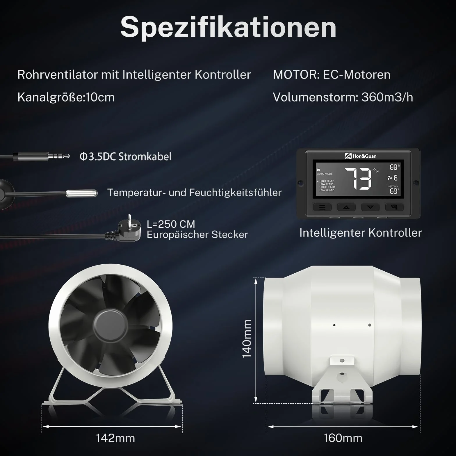Hon&Guan Wentylator rurowy 100 mm 360 m³/h cichy silnik EC z inteligentnym regulatorem temperatury i wilgotności