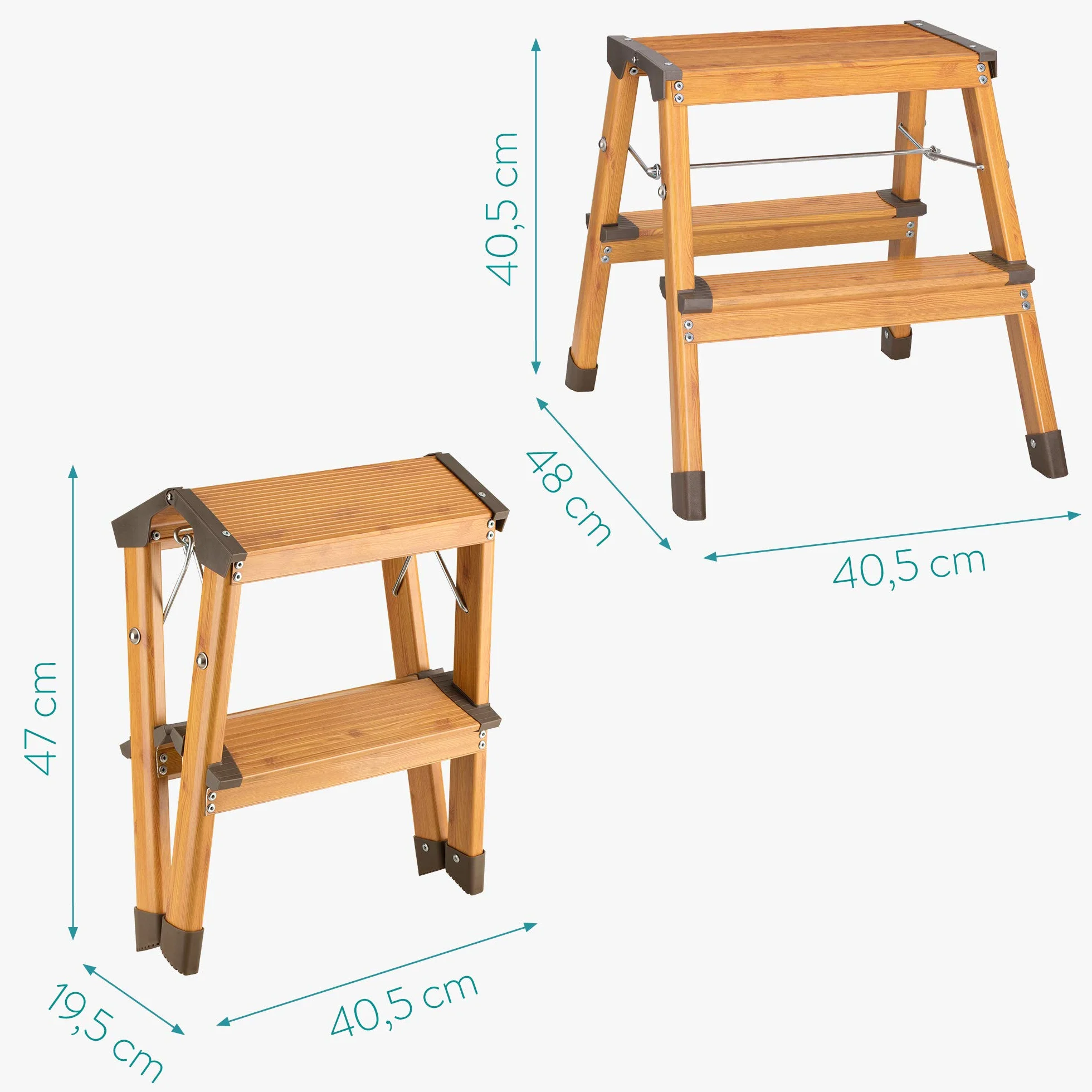 Navaris 2-stopniowa składana aluminiowa drabina z drewnianym wykończeniem - lekka, mała, składana, składana drabina do kuchni, nośność 150 kg