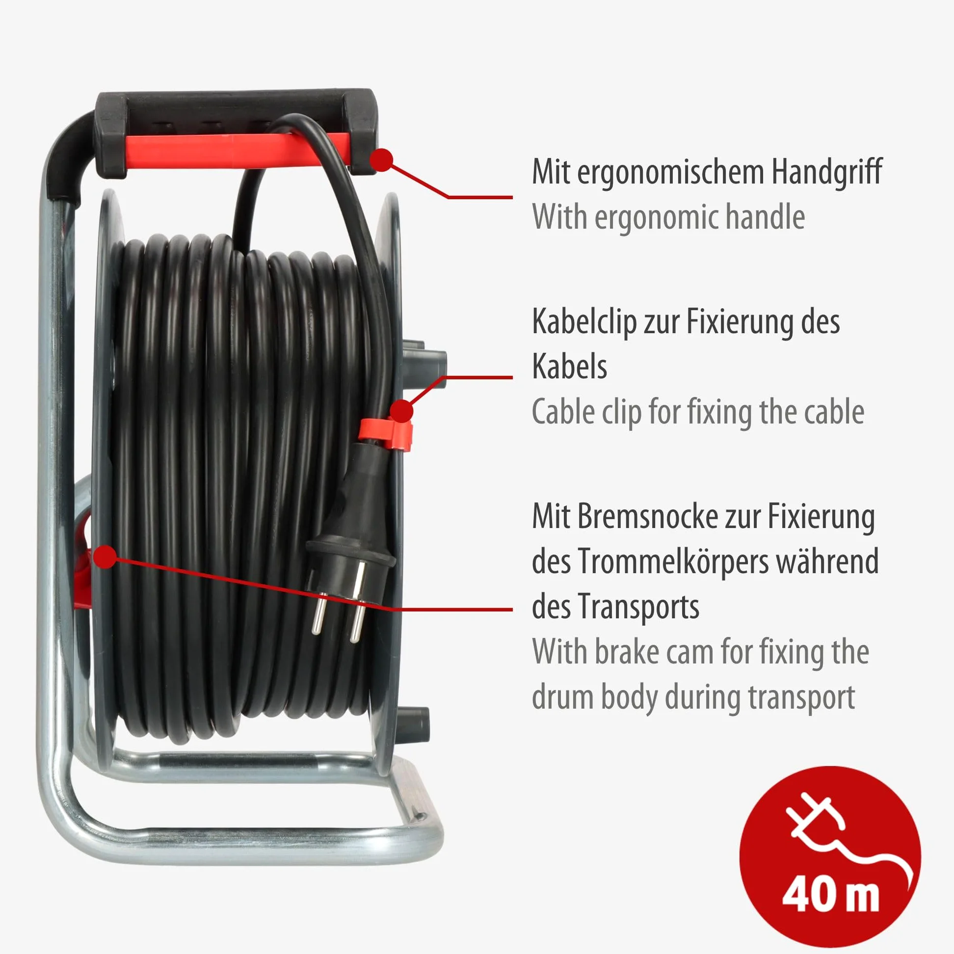 Brennenstuhl Garant V2 bęben kablowy 40 m (Made in Germany, 4 gniazda wtykowe z zestykiem ochronnym z samozamykającymi się pokrywkami, z ergonomicznym uchwytem)