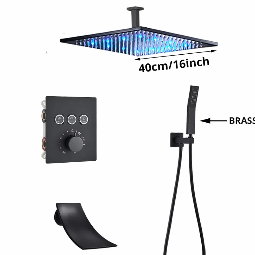 Luksusowa czarna bateria prysznicowa termostatyczna do łazienki deszczownica bateria ścienna do wanny zestaw prysznicowy ścienny B 3W 12" sufitowy,A-3w-16 cali sufitowy