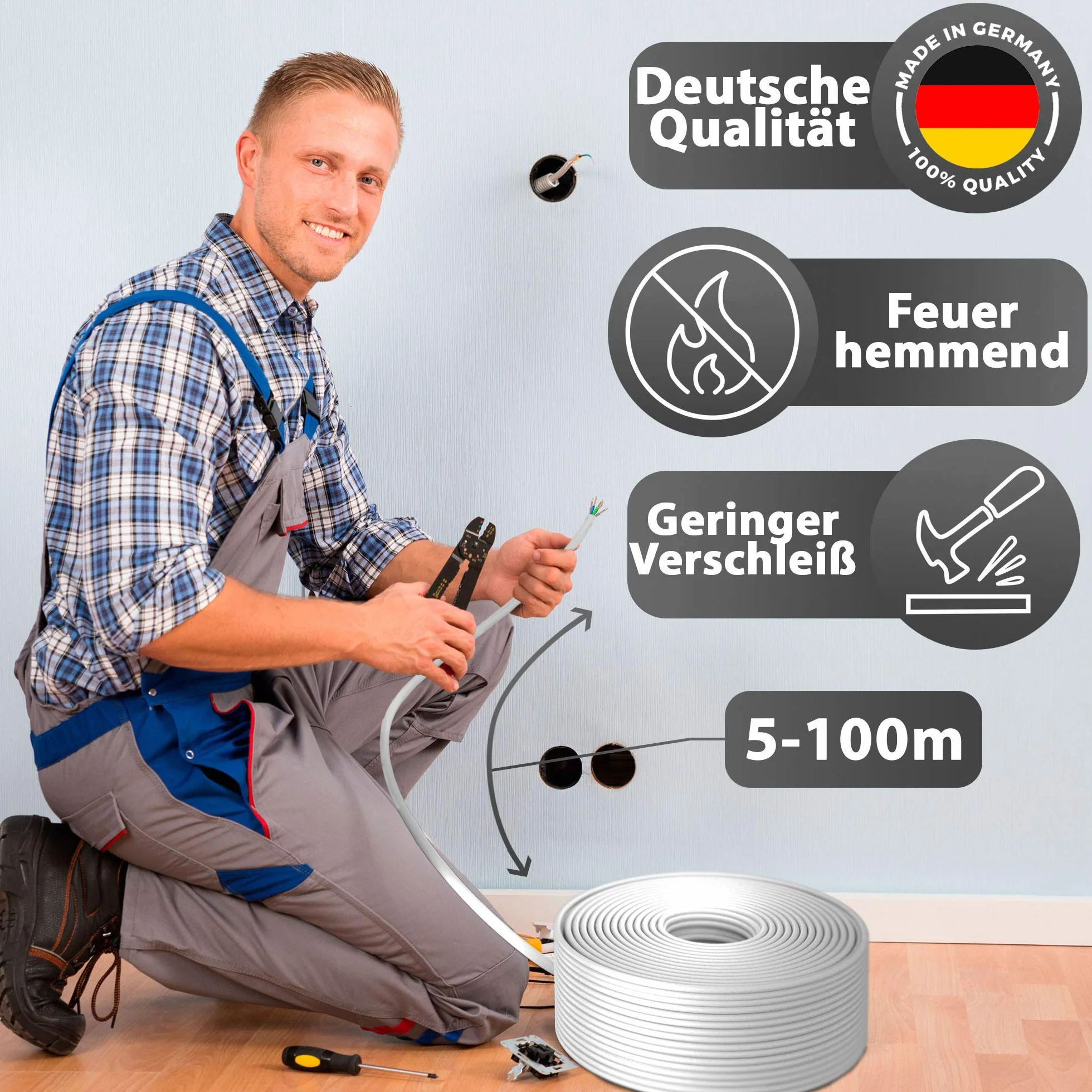 MAS Premium Kabel zasilający do wilgotnych pomieszczeń, kabel zasilający 5-170 m, przewód płaszczowy NYM-J 5 x 1,5, 2,5, 4, 6, 10 lub 16 kabel elektryczny pierścień do stałego układania (NYM-J 5 x 4