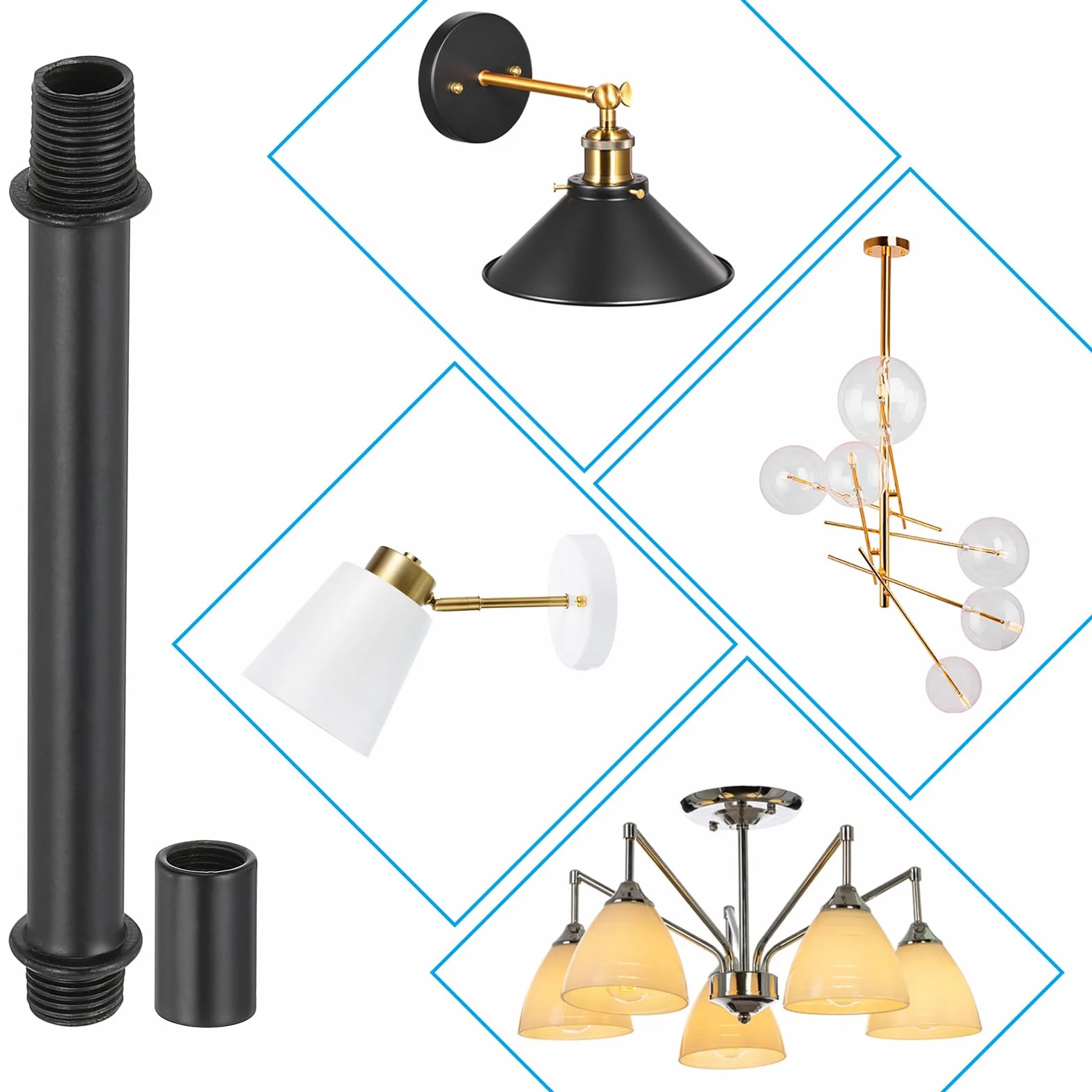 PATIKIL Zestaw drążków lampy rurowej, 4 zestawy M10 stal węglowa 80 mm (3,15 cala) długi podwójny pręt gwintowany z nakrętką łączącą tuleję złącza do lamp stołowych, czarny
