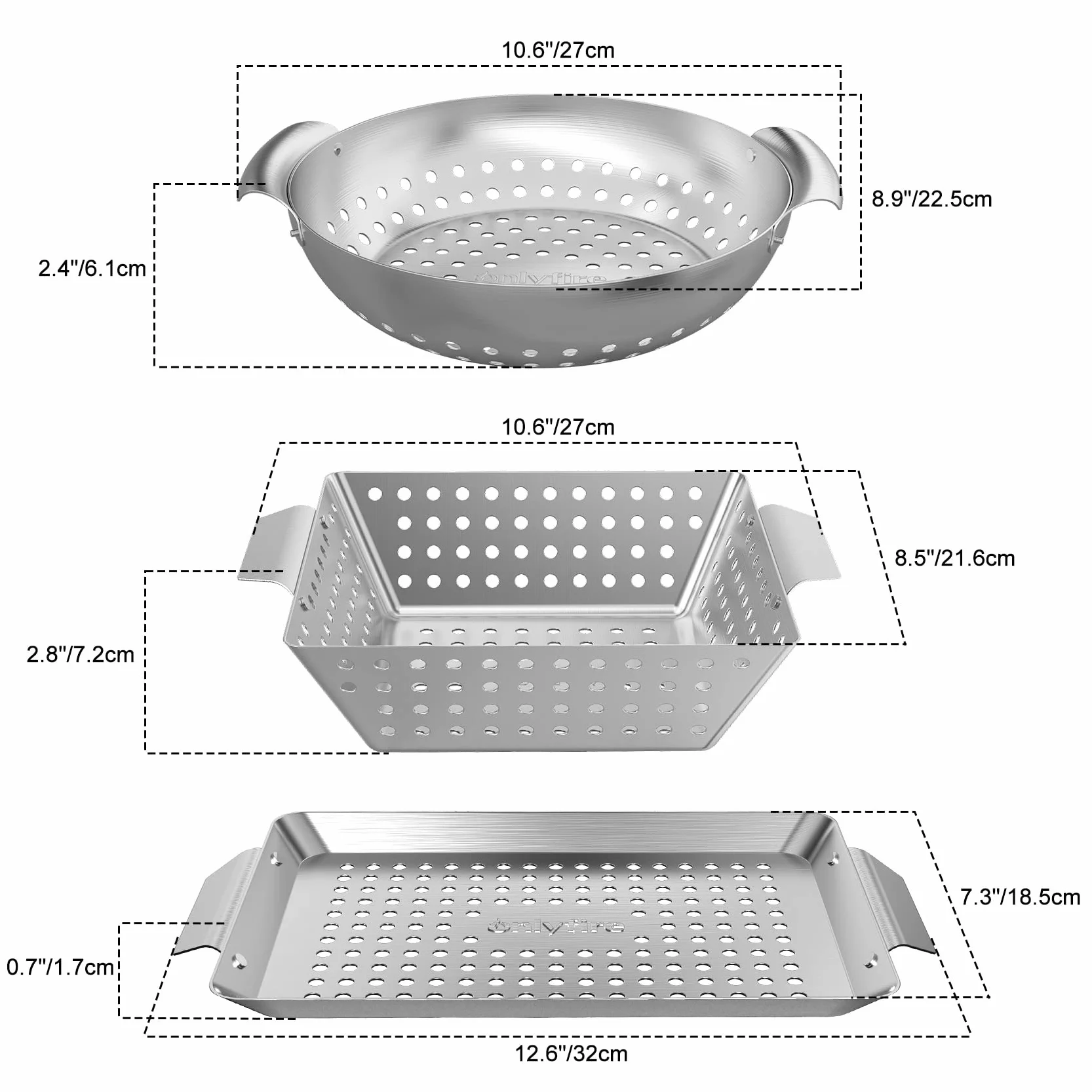 Onlyfire 3 Kosz do Grillowania ze Stali Nierdzewnej, Grill Kosz z Zakrzywionym Uchwytem, ​​Mini Koszyk do Grillowania Mięsa, Warzyw i Ryb, Uniwersalny Kosz do Grilla, Akcesoria do Grilla Węglowego
