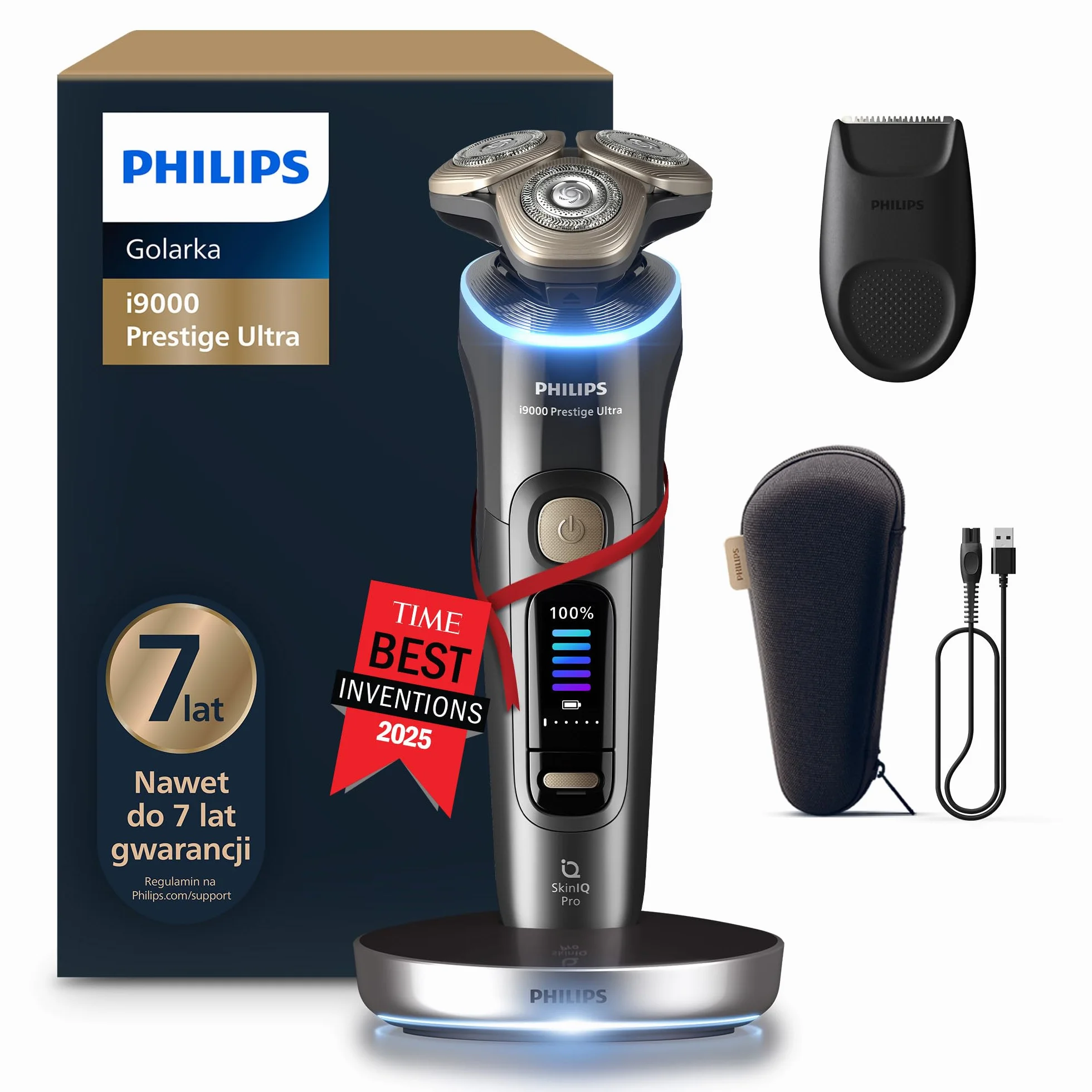 Philips Shaver i9000 Prestige Ultra, golarka elektryczna do golenia na sucho i mokro z technologią Skin IQ Pro, System Triple Lift & Cut, obrotowe 360º ostrza, 5 trybów golenia, Model XP9402/11