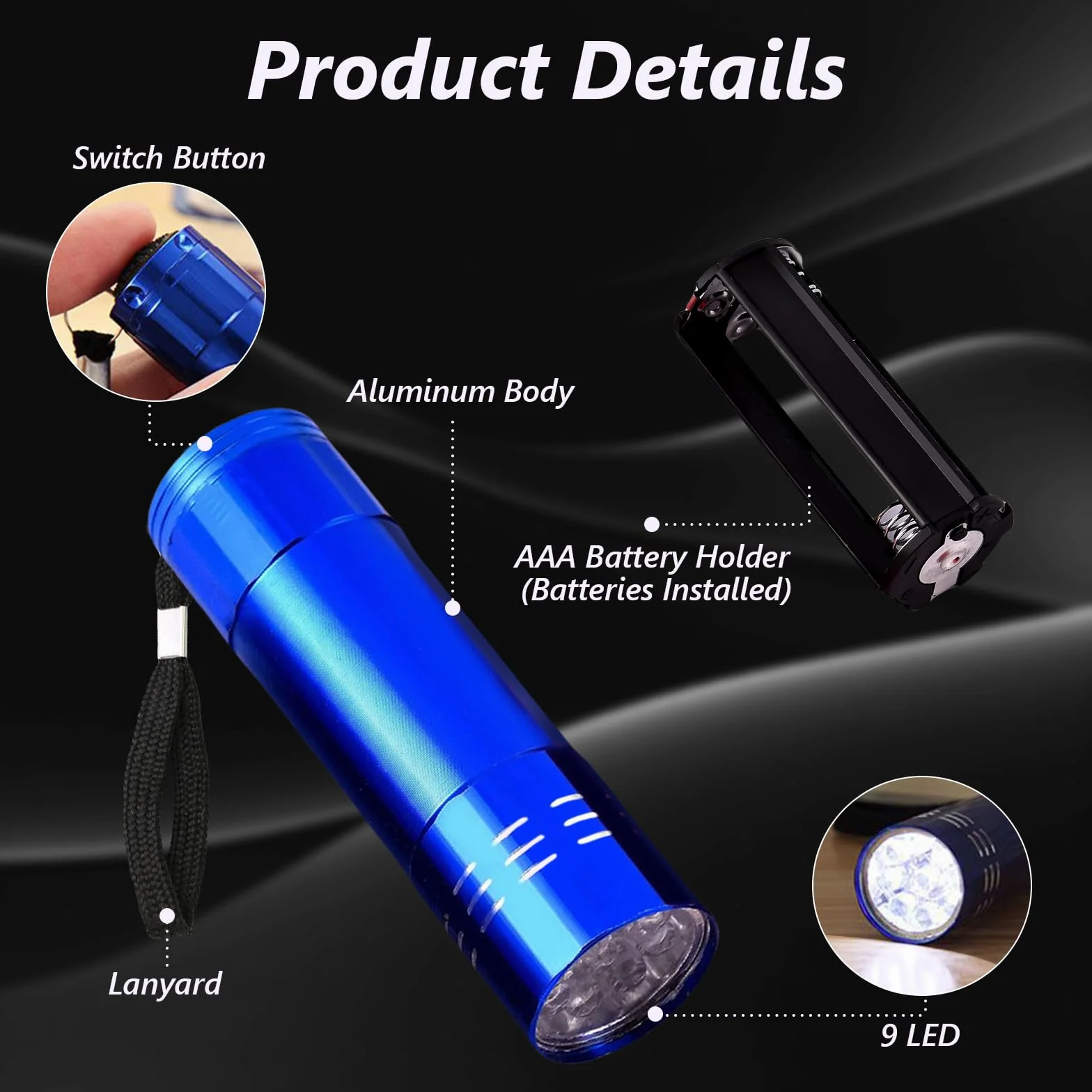 Flintronic 3-pak małych latarek LED, mała latarka kieszonkowa z 9 diodami LED, aluminiowa latarka dla dzieci, ze smyczą, super jasna, dla dzieci, dorosłych, na kemping, wędrówki, prezenty na świeżym